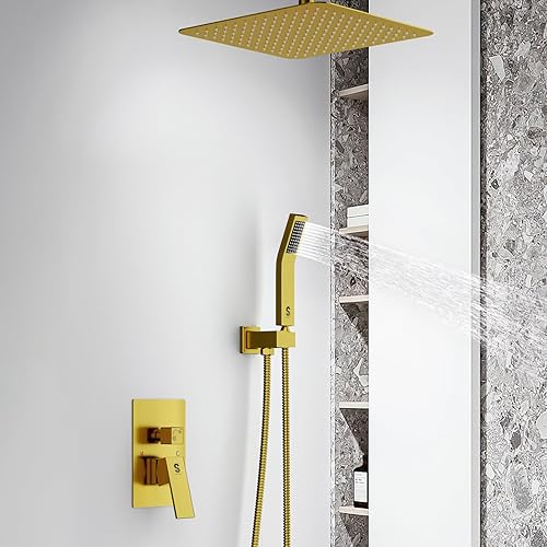 Miniatura 8 de SR SUN RISE Sistema de ducha montado en el techo de 12 pulgadas, mezclador de lluvia, sistema de cabezal de ducha de lluvia, dorado cepillado, Oro
