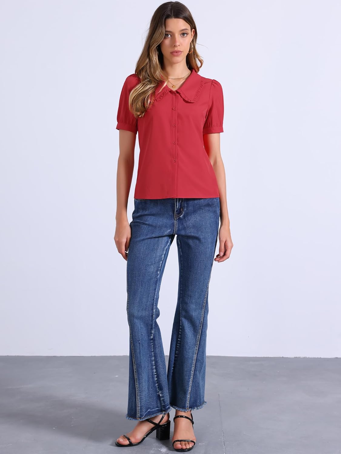 Allegra K Women's Peter Pan Collar Shirt Puff Short Sleeve Retro Vintage Blouse - Image 3