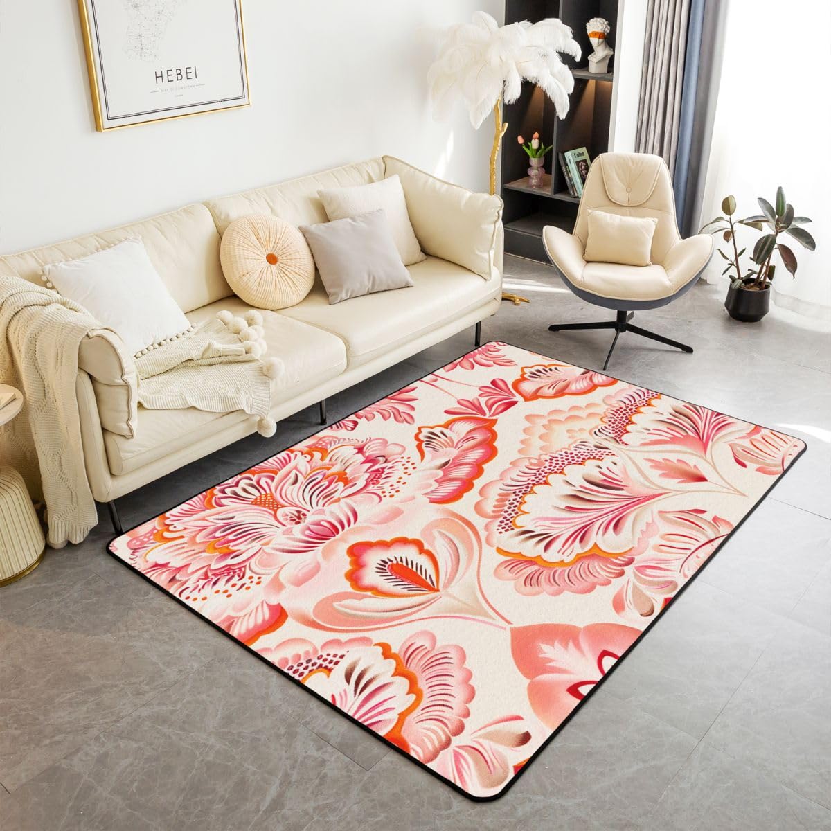 Loussiesd Tapis Salon 100x150cm Paisley Tapis Chambre Exterieur Intérieur Indien Style Antidérapant,Doux Boho Paisley Imprimer pour Salon et Chambre Bohème Exotique Style Lavable Rose Jaune et Blanc