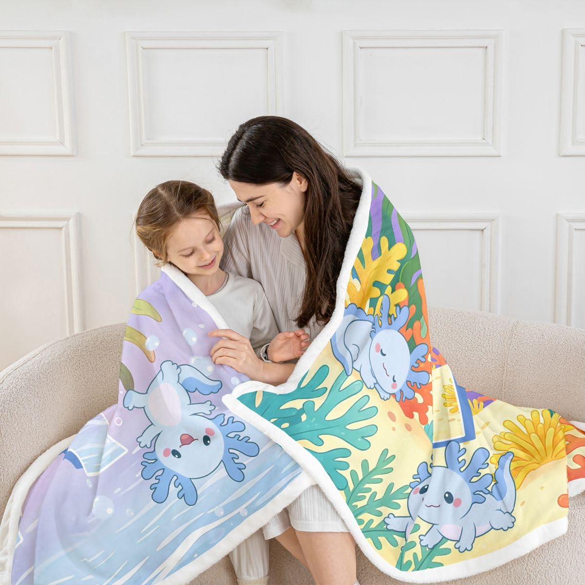 Homewish Uroczy niebieski koc polarowy Axolotl 229 x 229 cm na kanapę