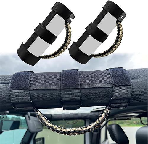 Miniatura 21 de Asas de agarre de barra antivuelco para Jeep, asas de agarre de cuerda de paracaídas compatibles con Jeep Wrangler YJ TJ JK JL & Gladiator JT Negro