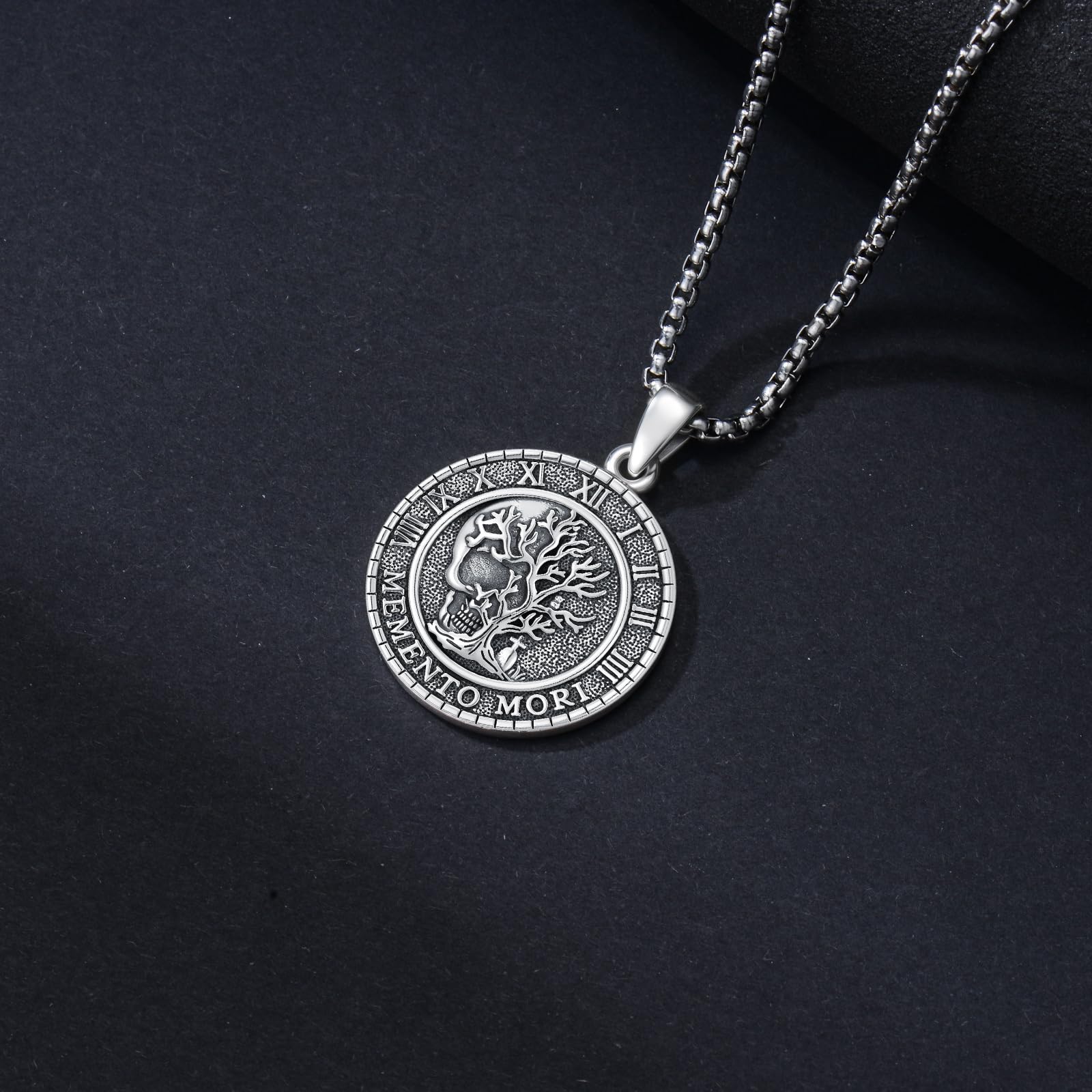 PROESS Memento Mori Kette für Männer 925 Sterling Silber Eule Memento Mori Anhänger Gothic Totenkopf Baum des Lebens Schmuck Geschenke