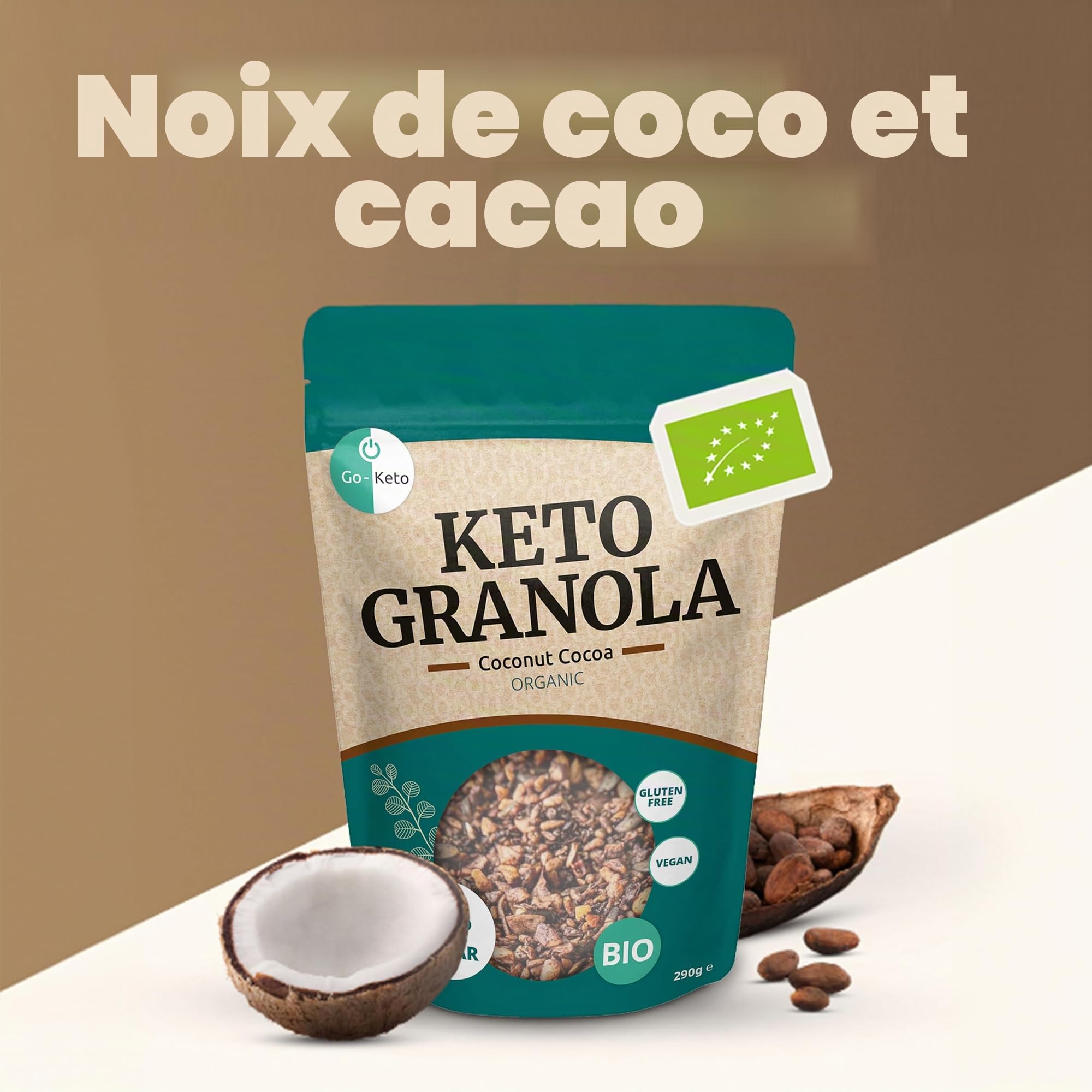 Go-Keto BIO Keto Granola Coconut Cocoa 6x 290g - Muesli Keto pour un petit déjeuner Keto, avec chips de noix de coco, noix, graines de tournesol & pépins de courge, végétalien, sans gluten