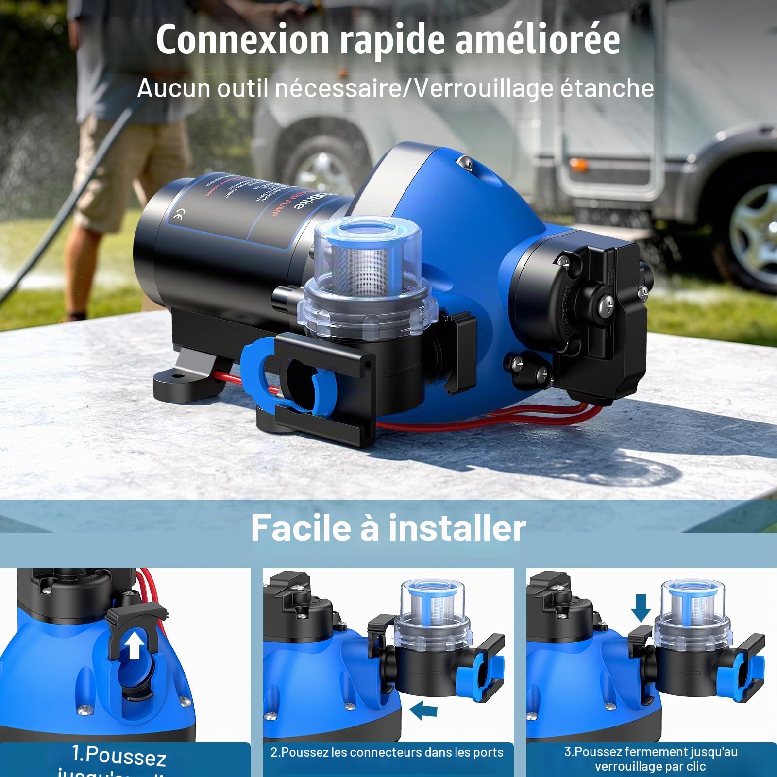 Pompe a Eau 12v Camping Car, Pompe à Membrane Auto-amorçante 3.3GPM 50PSI Mise à Niveau Avec Ports de Connexion Rapide 3 Chambres, avec Pressostat pour Camping-car, Yacht, Jardin