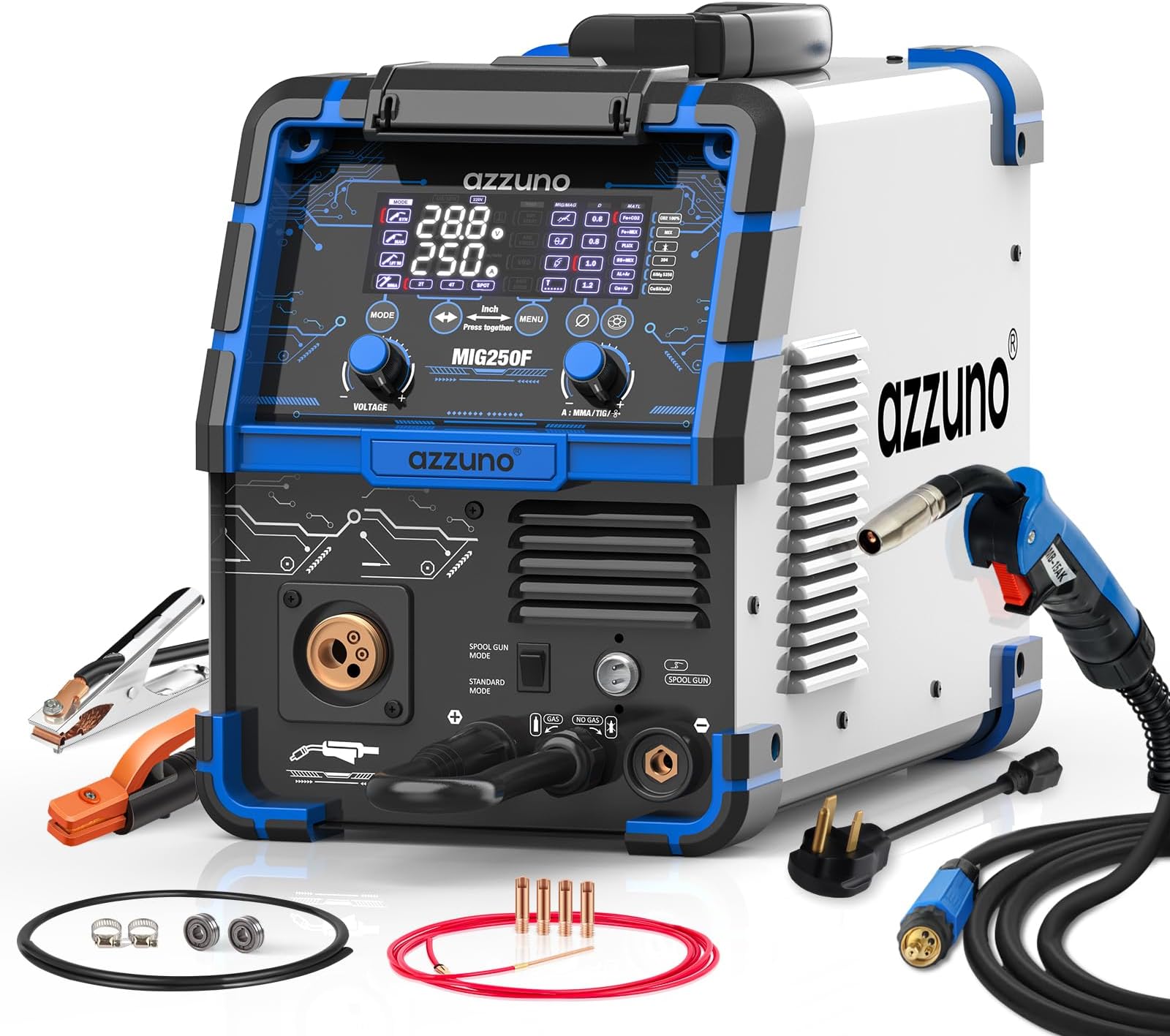 Aluminum 250Amp MIG Welder,6 in 1 Gas MIG/Gasless Flux Core /Stick/Lift TIG/Spot Welding/Spool Gun Compatible Welding Machine 110V/220V Large LED Display Multi Process Welder