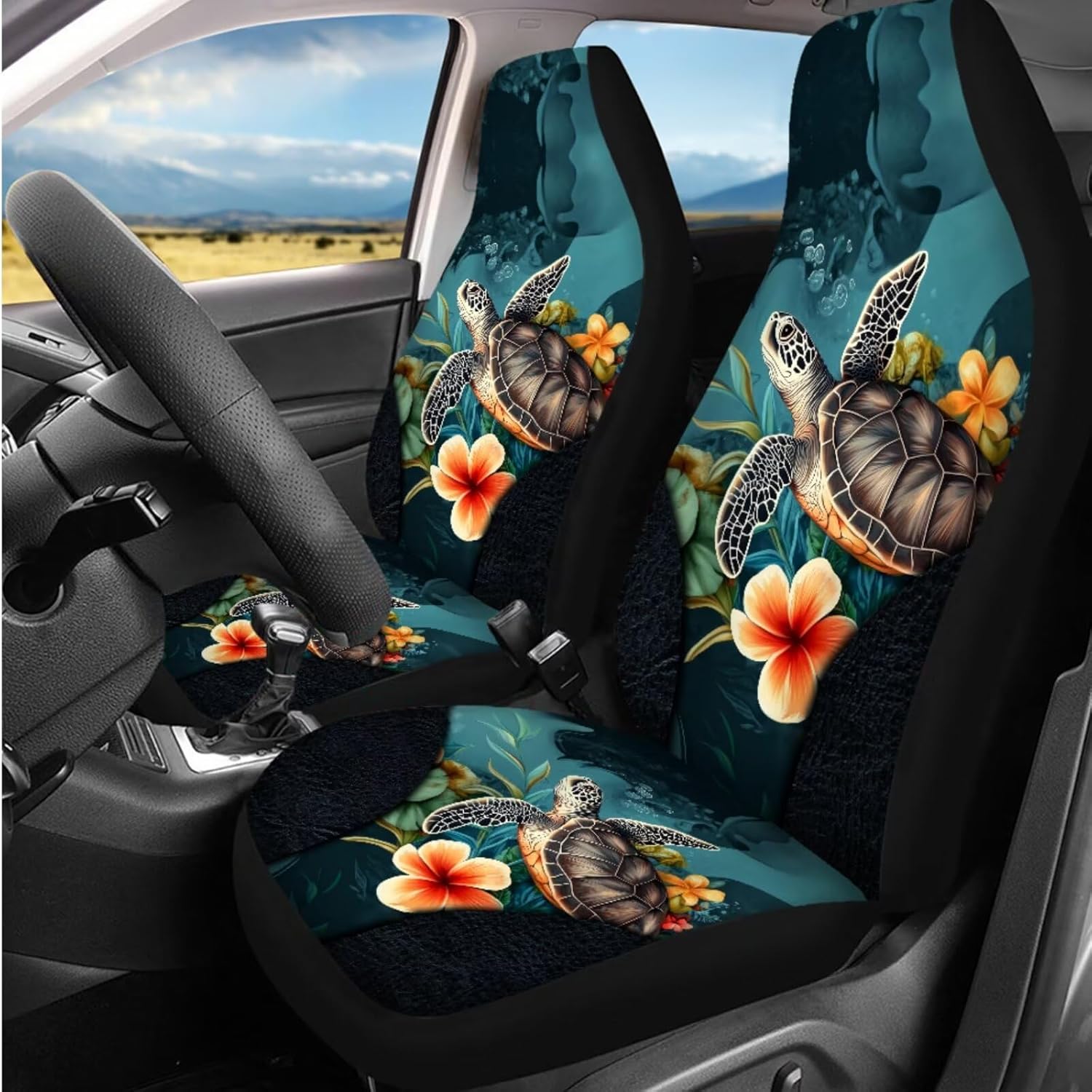 Hawaiin Sea Turtle Car Seat Covers Full Set,13 Pieces Art Turtle Print Seatbelt Shoulder Pads,Collapsible Garbage Bin,Armrest Pad Cover,Armrest Pad Set for Women Men Auto Interior Accessories
