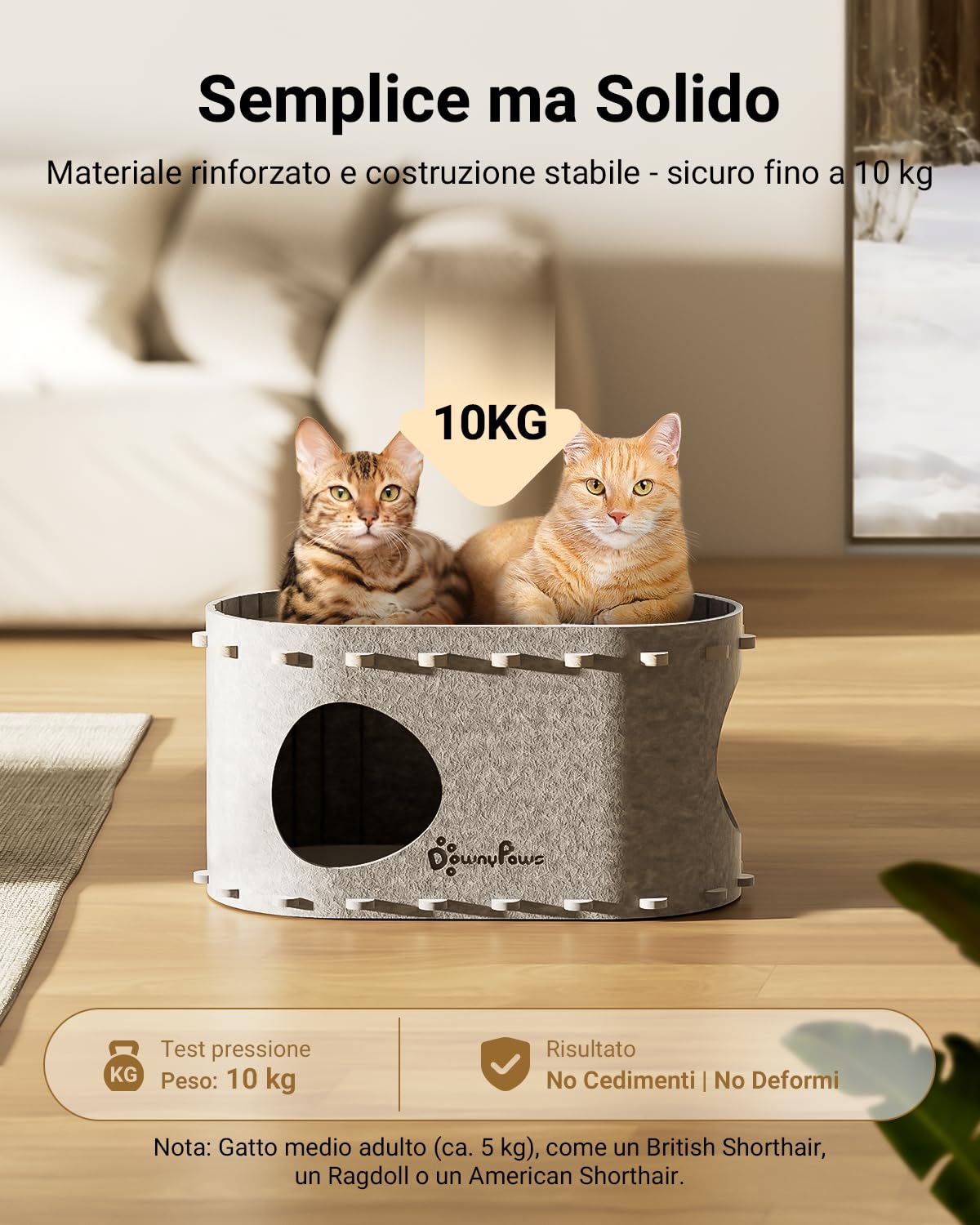 DownyPaws Cuccia Gatto in Feltro, Cuccia Gatto Interno con Doppio Foro che Combina Riposo e Gioco, Cucce per Gatti 58 x 33 x 30 cm Protezione per le Unghie, Facile da Montare e Pulire, Grigio