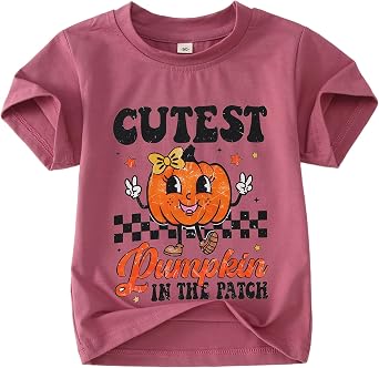 BOUTIKOME Toddler Baby Girl Halloween T-Shirts Cutest Pumpkin in The Patch Graphic Shirts Kid Short Sleeve Tees Vintage Top