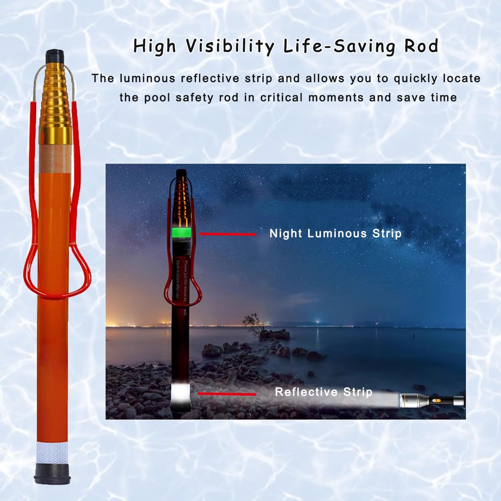 Pértiga de salvamento para piscinas Mástil Barra De Salvamento Ajustable Para Piscinas, Barra Salvavidas Acuática Con Mango Antideslizante, Barra Telescópica Portátil Con Banda Luminosa Y Reflectante