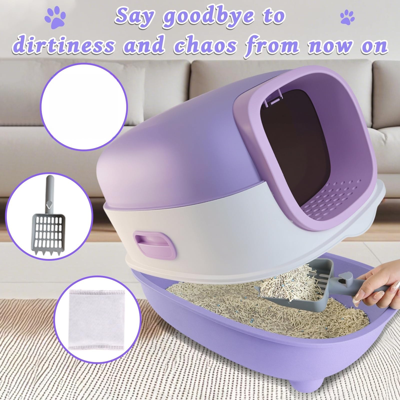Large Cat Litter Box with Cat Litter Scoop, Foldable Litter Box with Lid, Front Entry and Exit Leak-Proof Litter Cat Box, Odor Control, Easy to Clean (Purple)
