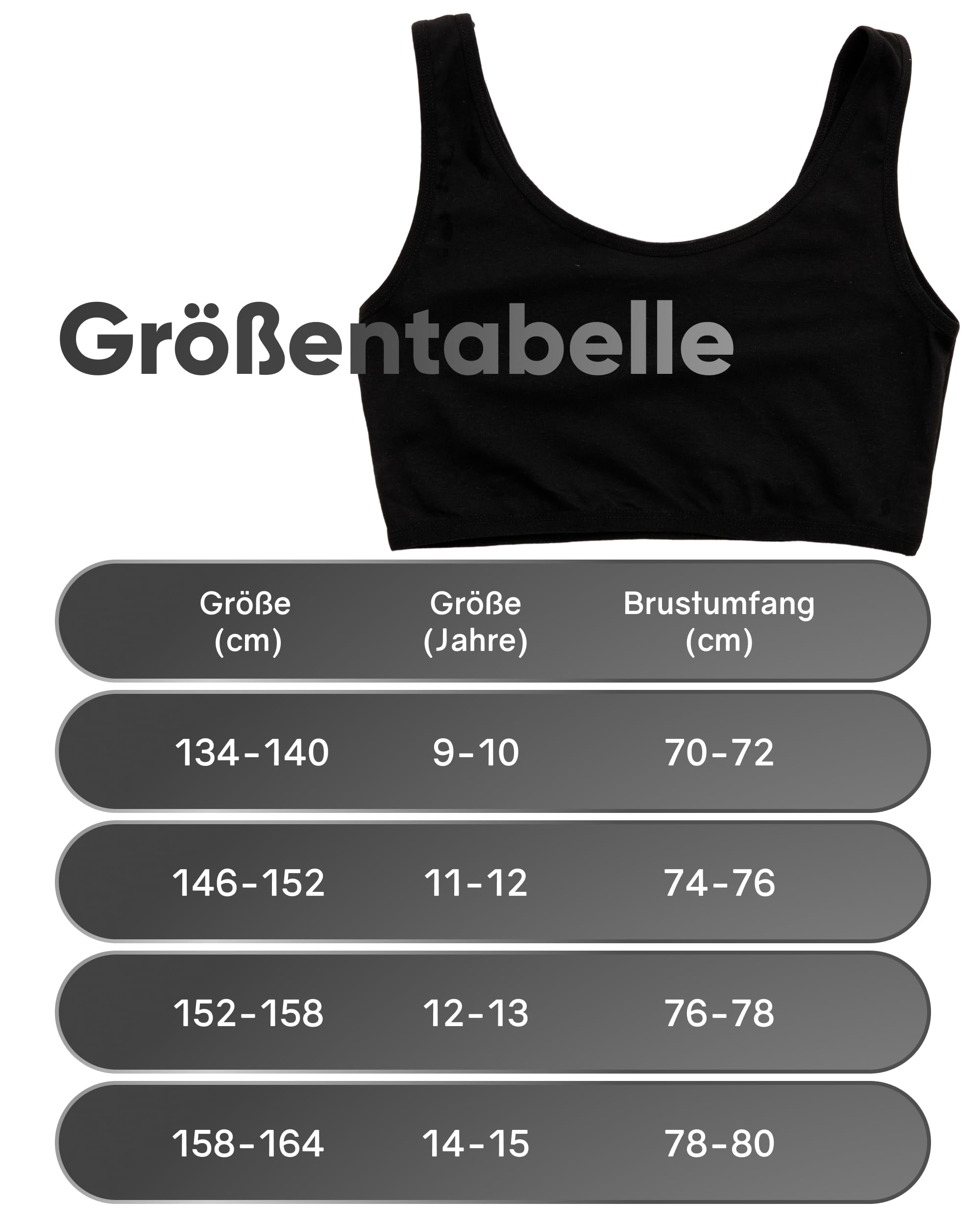 MOR Confezione da 6 bustini da bambina, comodi reggiseni in cotone senza ferretto, biancheria intima per adolescenti, colori basici, 9-15 anni