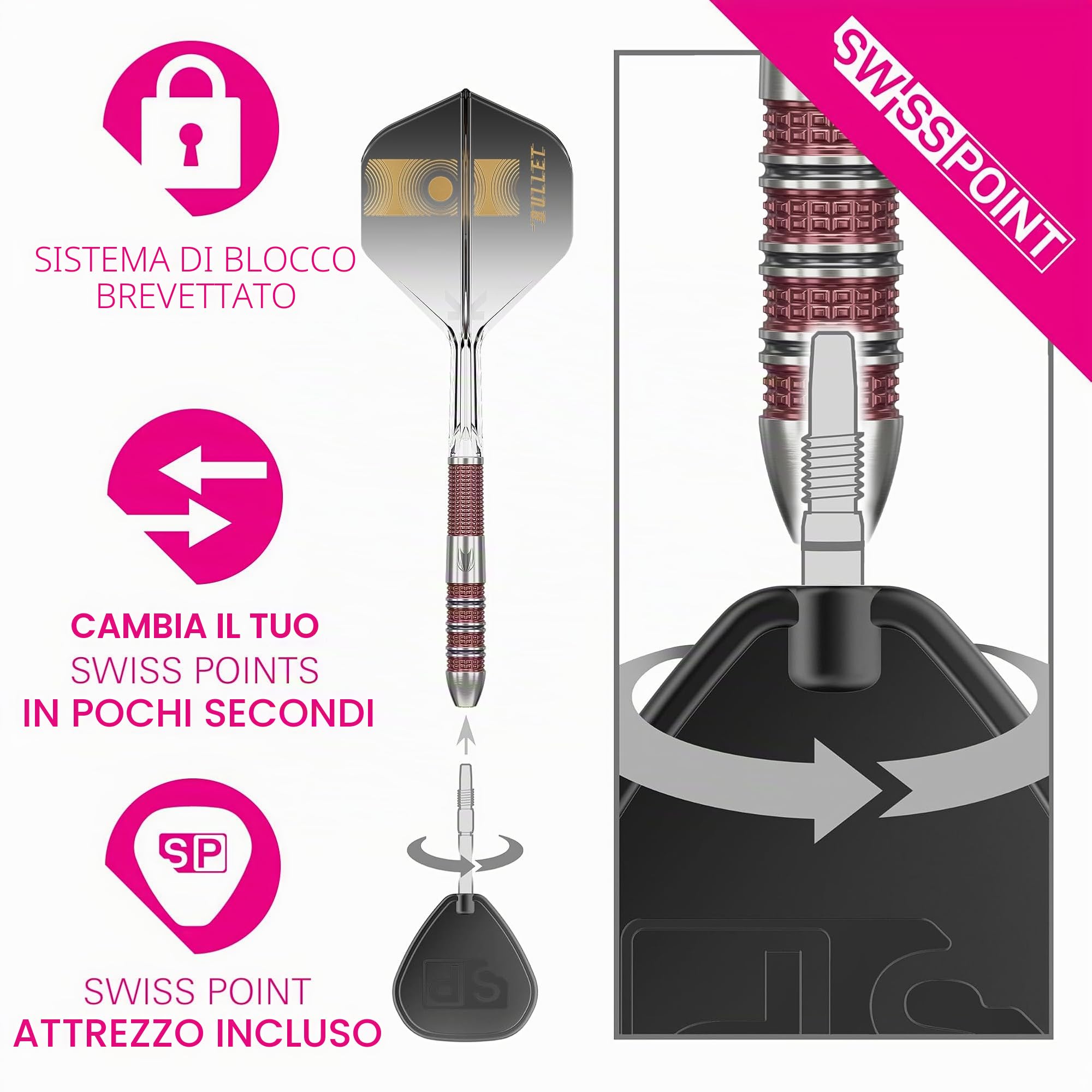 Target Darts Stephen Bunting 95K Set Dardi in Acciaio Swiss Point, 18G/22G/23G | Alette e Aste Kflex, The Bullet Player Edition Freccette al 95% di Tungsteno, Punte DX Dorate Ricambio Portachiavi