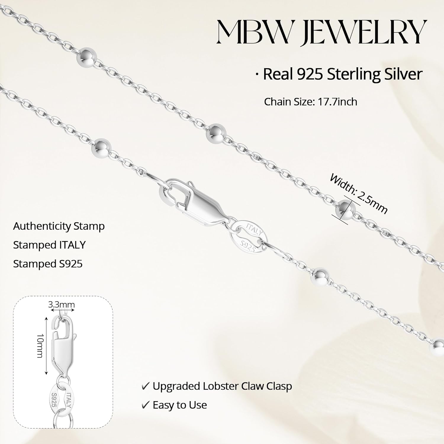 MBW 925 Sterling Silver Necklace for Women, Sterling Silver Beaded Chain Dainty Thin Choker Necklaces for Women Trendy Minimalist White Chains Necklace Waterproof Simple Small Cute Jewelry - Image 3