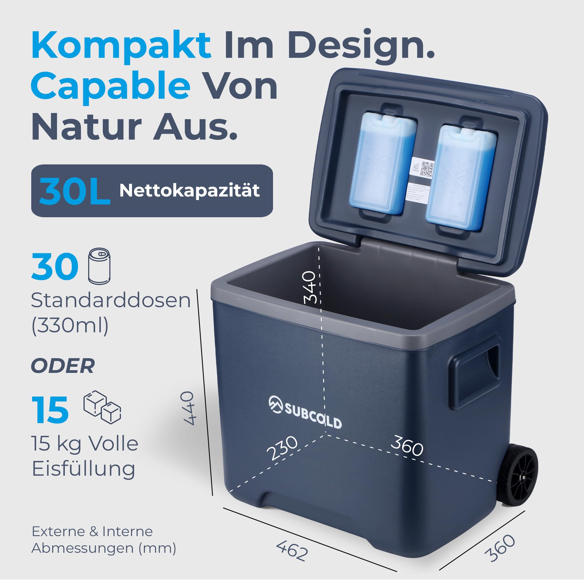 Subcold Chilly Kühlbox mit Rollen & 2 Kühlakkus, Isolierte Rollkühlbox mit Trolleygriff, Camping Kühlbox für Auto, Reisen, Picknick, Strand & Outdoor