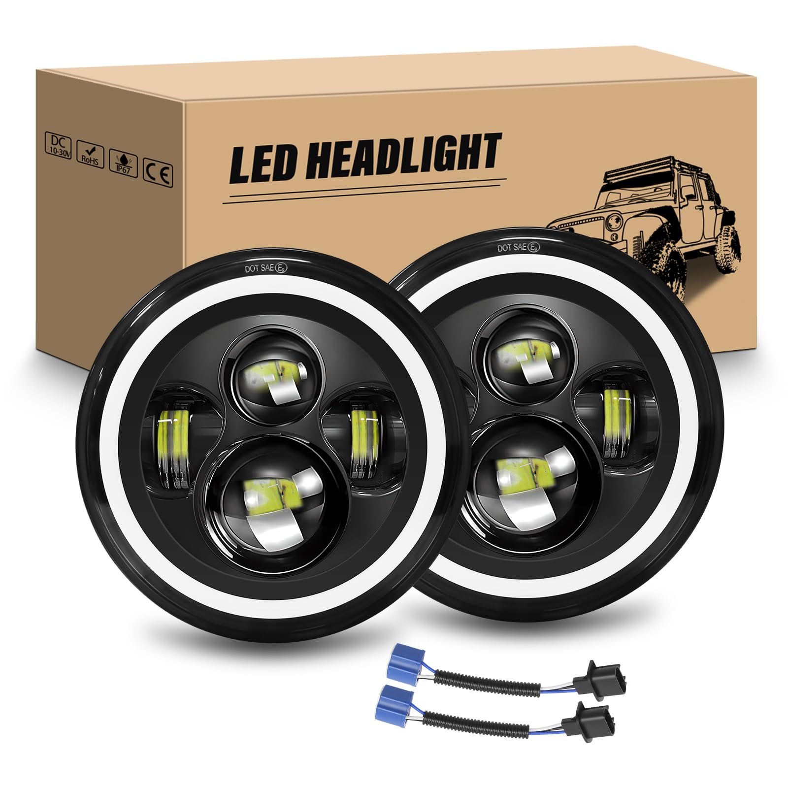 RIGIDON 2 szt. okrągłych reflektorów LED, 50 W, 5000 lm, biały bursztyn, 3000 K + 6000 K, 4 tryby pracy DRL Hi/Lo Beam, oświetlenie offroad, do samochodu, Wrangler JK, TJ, LJ, CJ, Humm-er JP