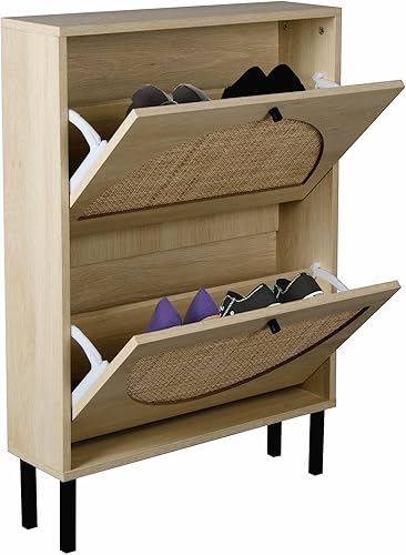 Gabinete de almacenamiento de zapatos de ratán con 2 cajones abatibles, armario de almacenamiento de zapatos para entrada, gabinete organizador de