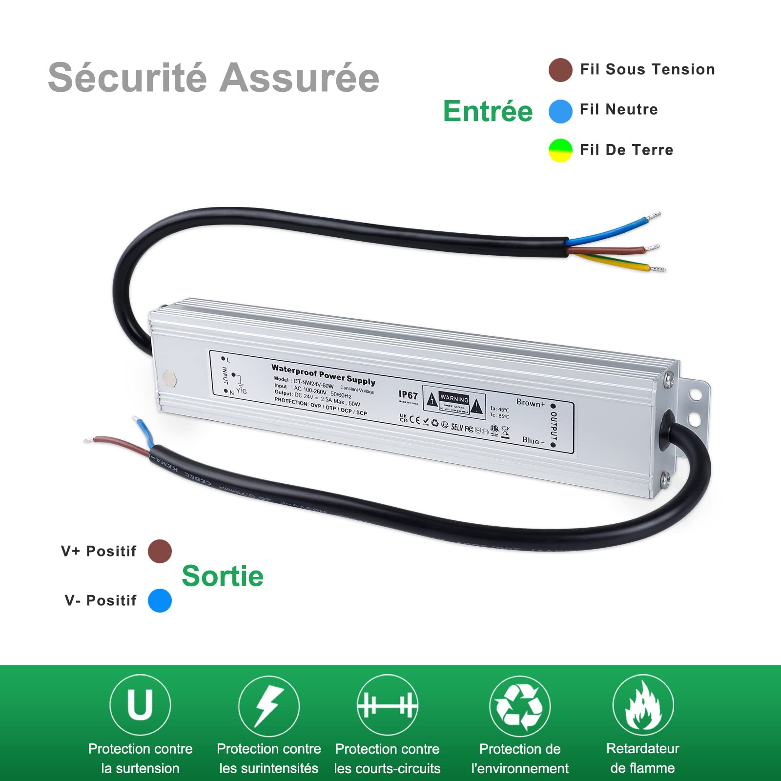REYLAX Transformateur 220V 24V 60W Imperméable Alimentation LED Transfo Entrée 100-260V AC Sortie DC 24V 2,5A Driver Tension Constante étanche IP67 Adaptateur Basse Tension pour CCTV Bande Led