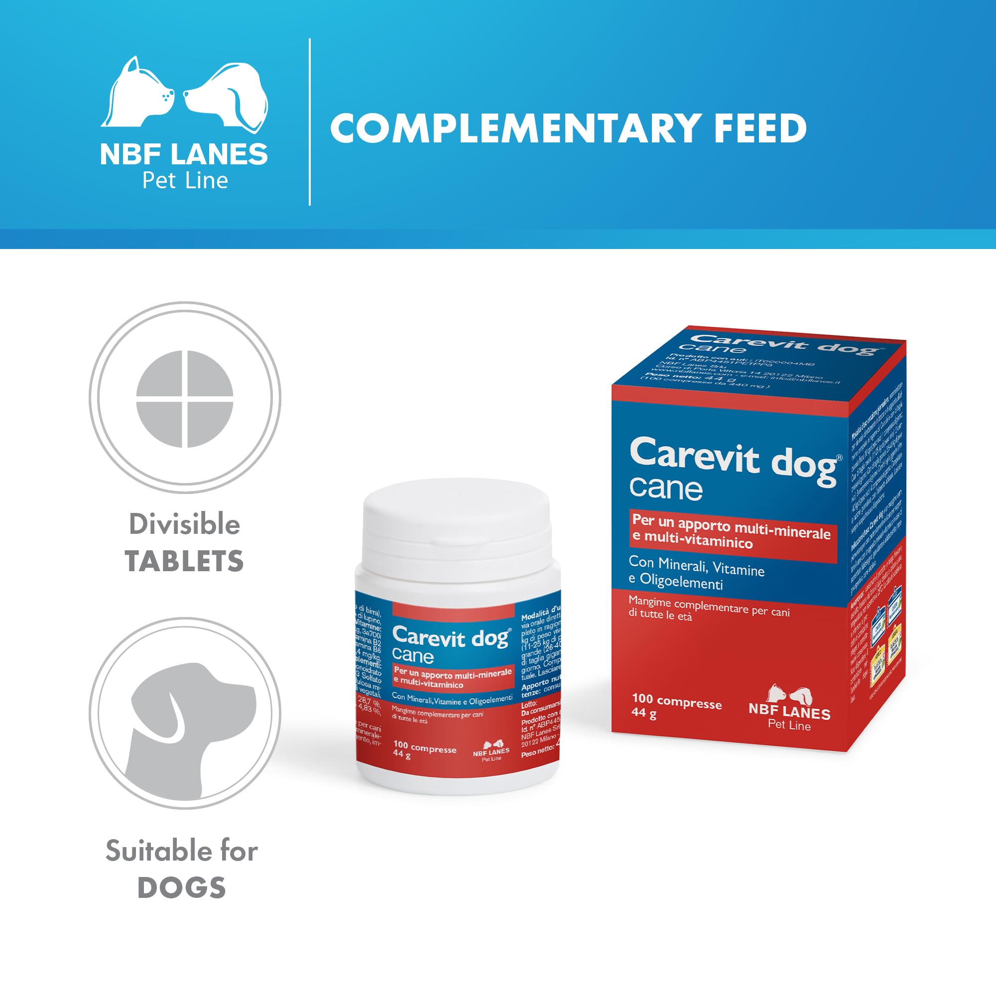 NBF Lanes | Carevit Dog Chien, 100 Comprimés Divisibles, Apport Multi-Minéral et Multi-Vitaminique en Cas de Croissance, Grossesse et Allaitement, Engagement Sportif, Chiens âgés