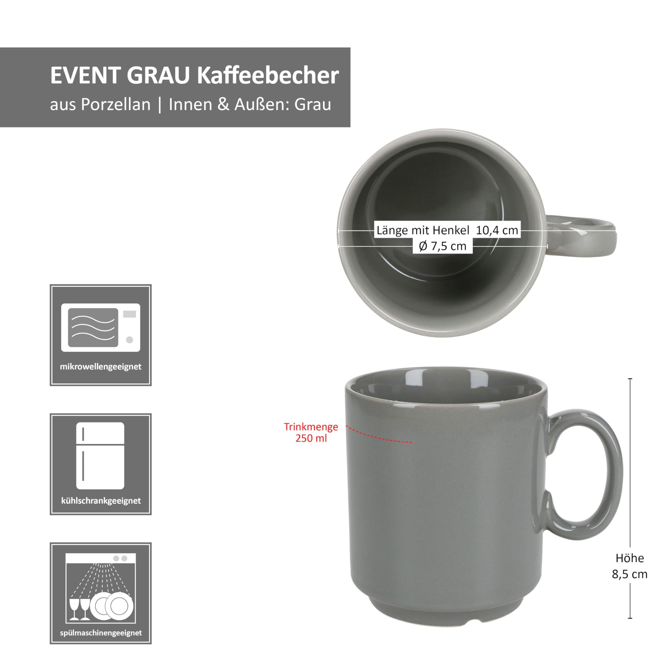 MamboCat Event 120er Set Kaffeebecher I 250 ml I graue Porzellan-Becher mit Henkel 120 Personen I stapelbare Tassen für Heißgetränke wie Tee, Kakao, Latte Macchiato&Co I schickes Kaffee-Geschirr
