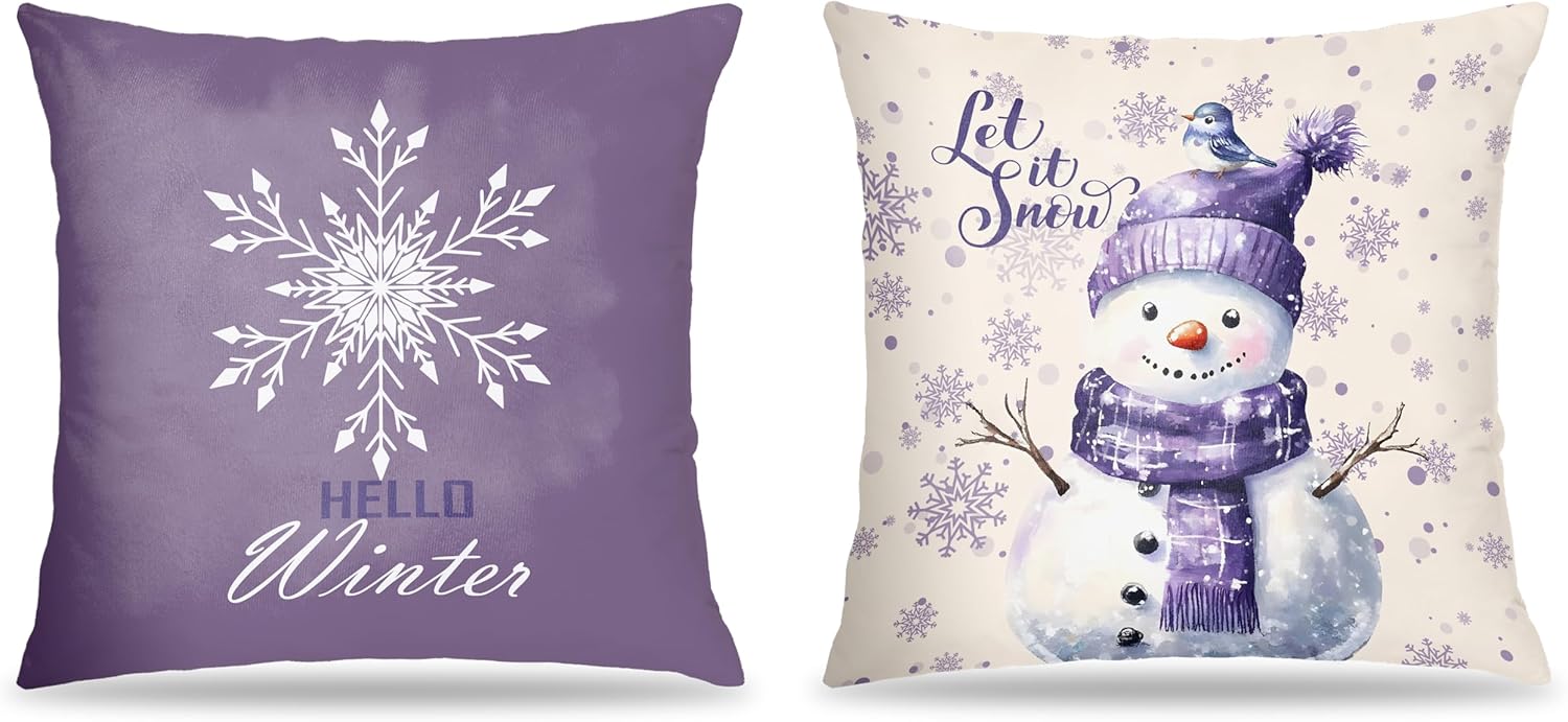 Purple Christmas Snowflake Snowman Pillow Covers 18x18 Set of 2, Winter Home Decor, Purple Hello Winter Snowman Holiday Xmas Decorative Pillow Covers for Home Living Room Bedroom