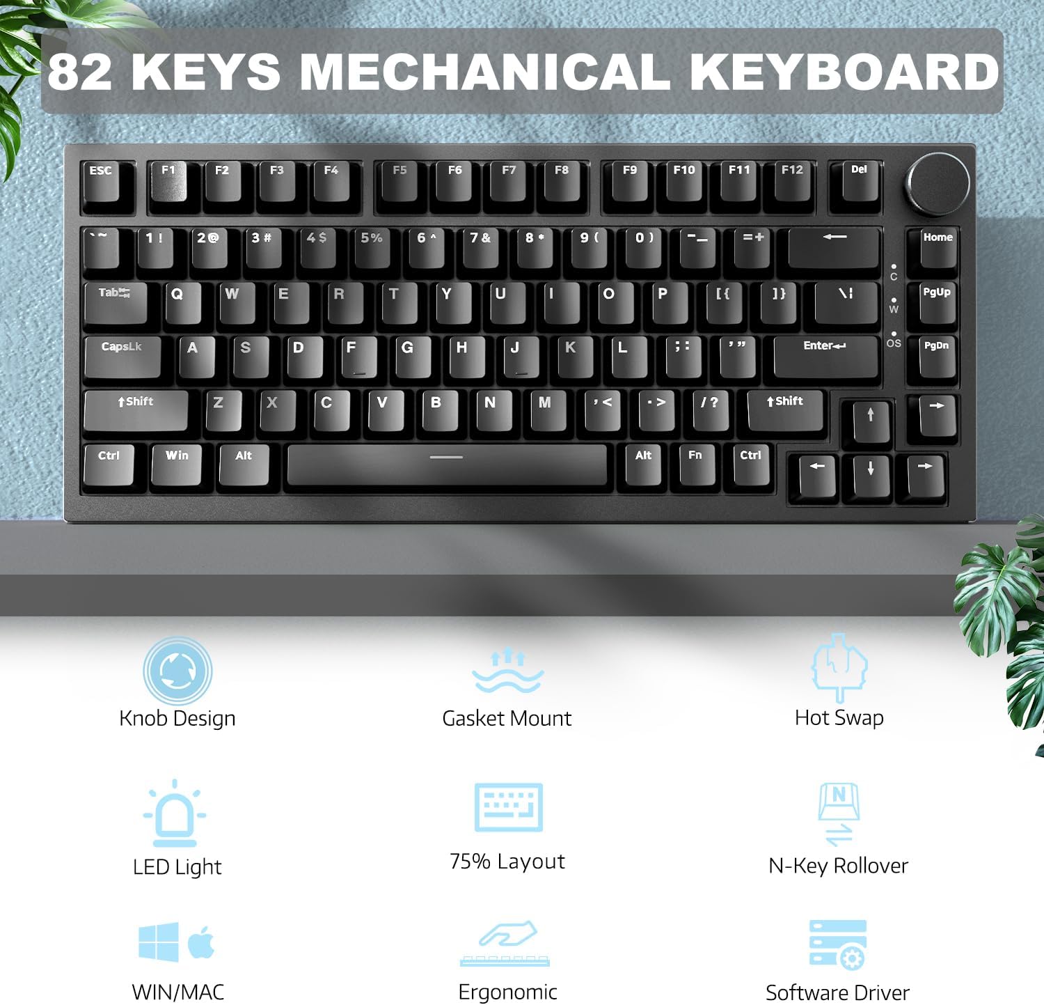 ATTACK SHARK Ajazz AK820 Mechanical Keyboard with CNC Knob Control,75% Gasket Mount Keyboard and Detachable USB Wired Gaming Keyboard for Win/Mac,White Light,NKRO,Blue Clicky Switch(Black)