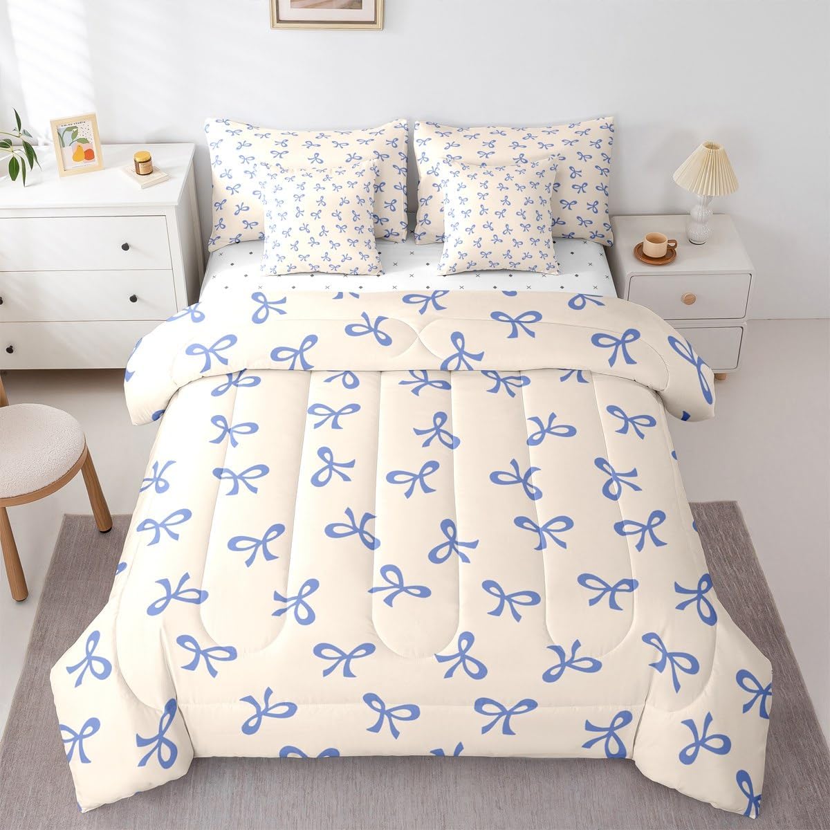 Feelyou Bow Blue Comforter Set Twin Size 7 Pieces Cute Kawaii Bedding Set for Kids Boys Girls Ribbon Bow Knot Bed in a Bag Princess Bowknot Girly Bedroom Decor All Season Quilted Soft Lightweight
