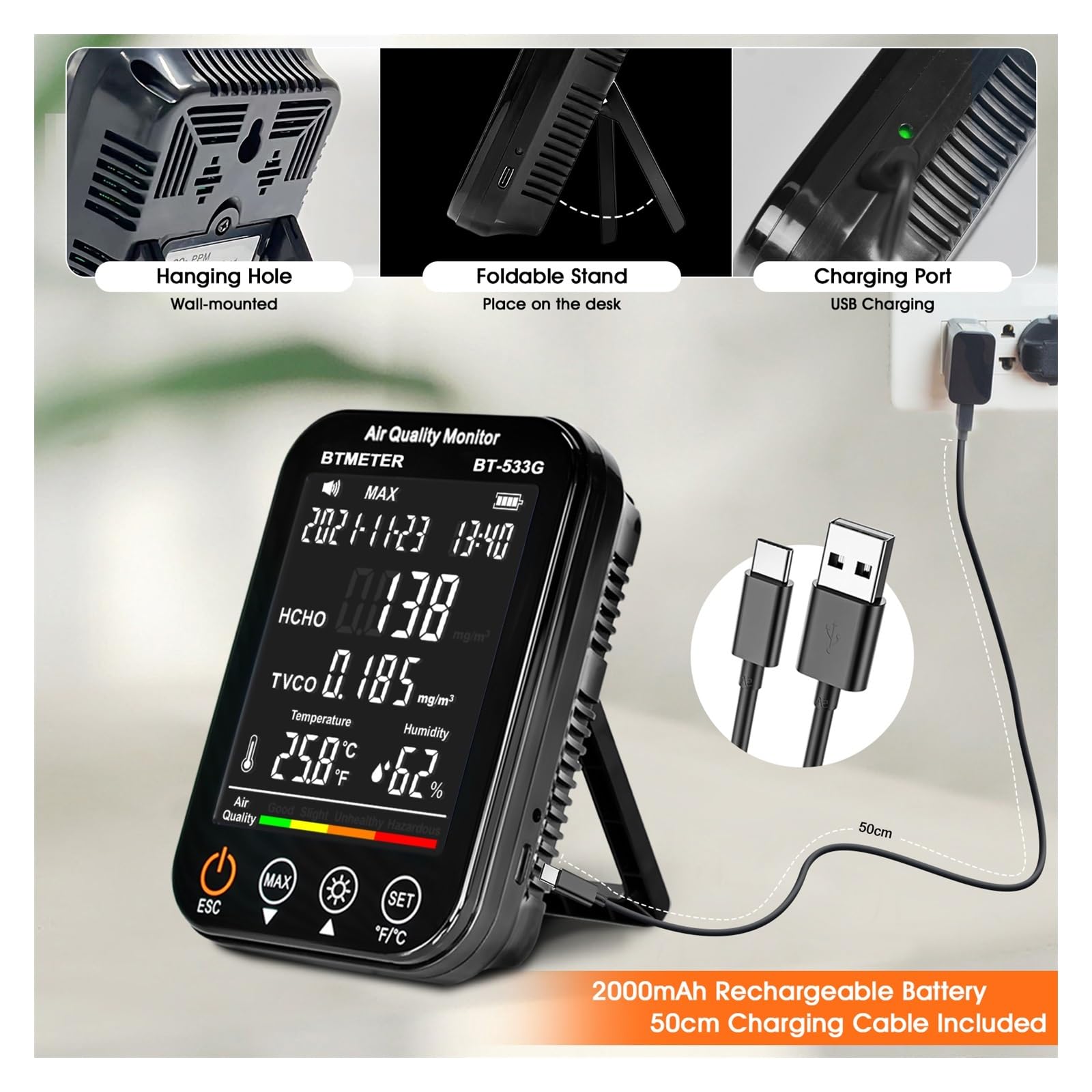 Moniteur de qualité de l'air intérieur BT-533G 4 en 1 détecteur de formaldéhyde HCHO/TVOC testeur précis