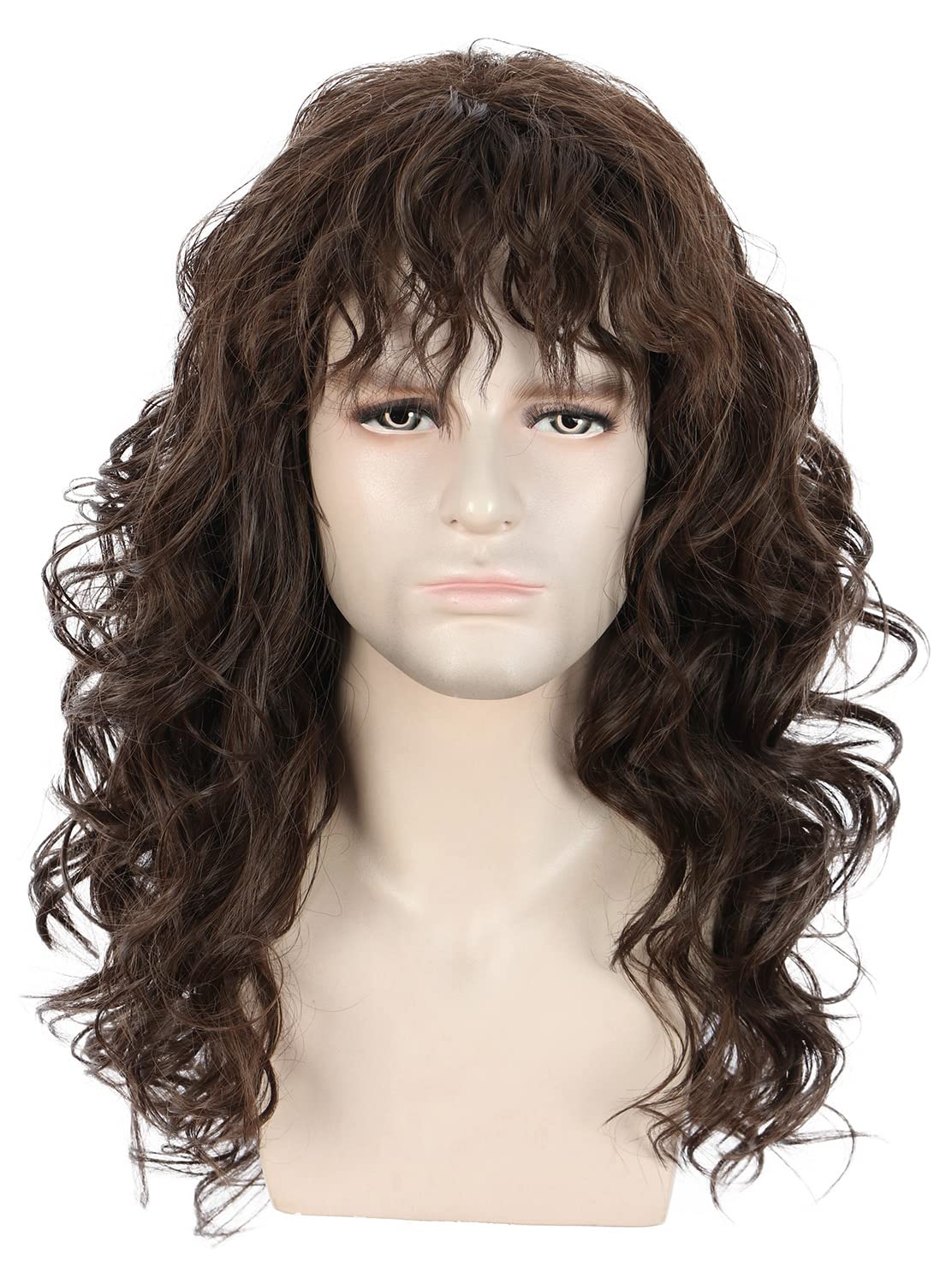 Karlery Men Long Brown Wave Wig with Bandana 80s Heavy Metal Punk Rocker Costume Wig for Cosplay Party, 23 inches - Image 2