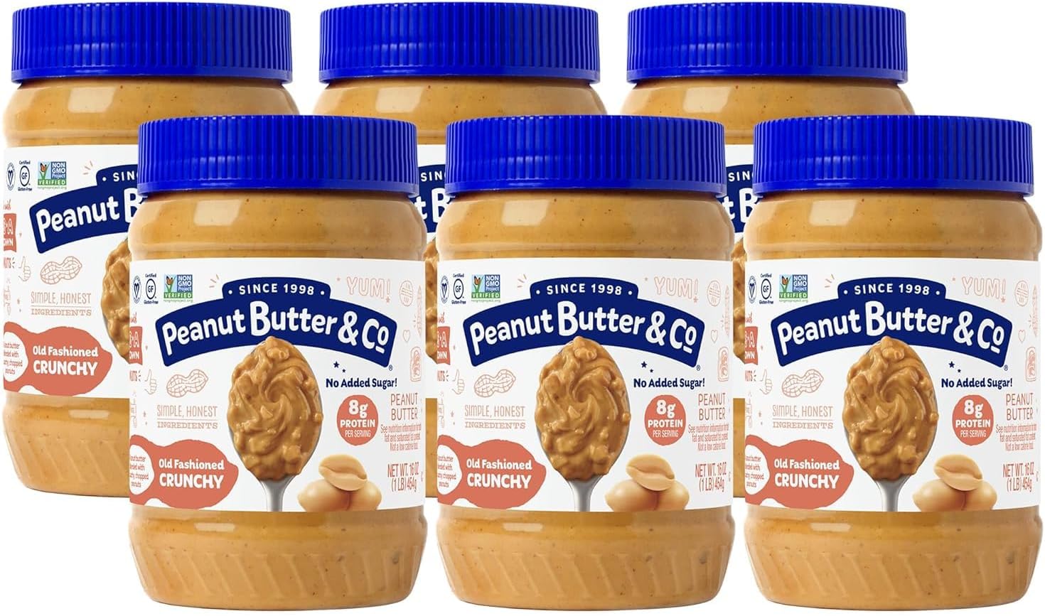 - Old Fashioned Crunchy Peanut Butter, 8g Protein, Non-GMO Project Verified, No Sugar Added, Gluten Free, Vegan, 16 Ounce (Pack of 6)