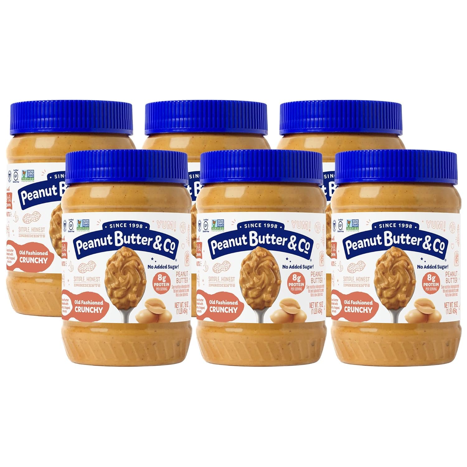 Peanut Butter & Co. Old Fashioned Crunchy Peanut Butter, 8g Protein, Non-GMO Project Verified, No Sugar Added, Gluten Free, Vegan, 16 Ounce (Pack of 6)