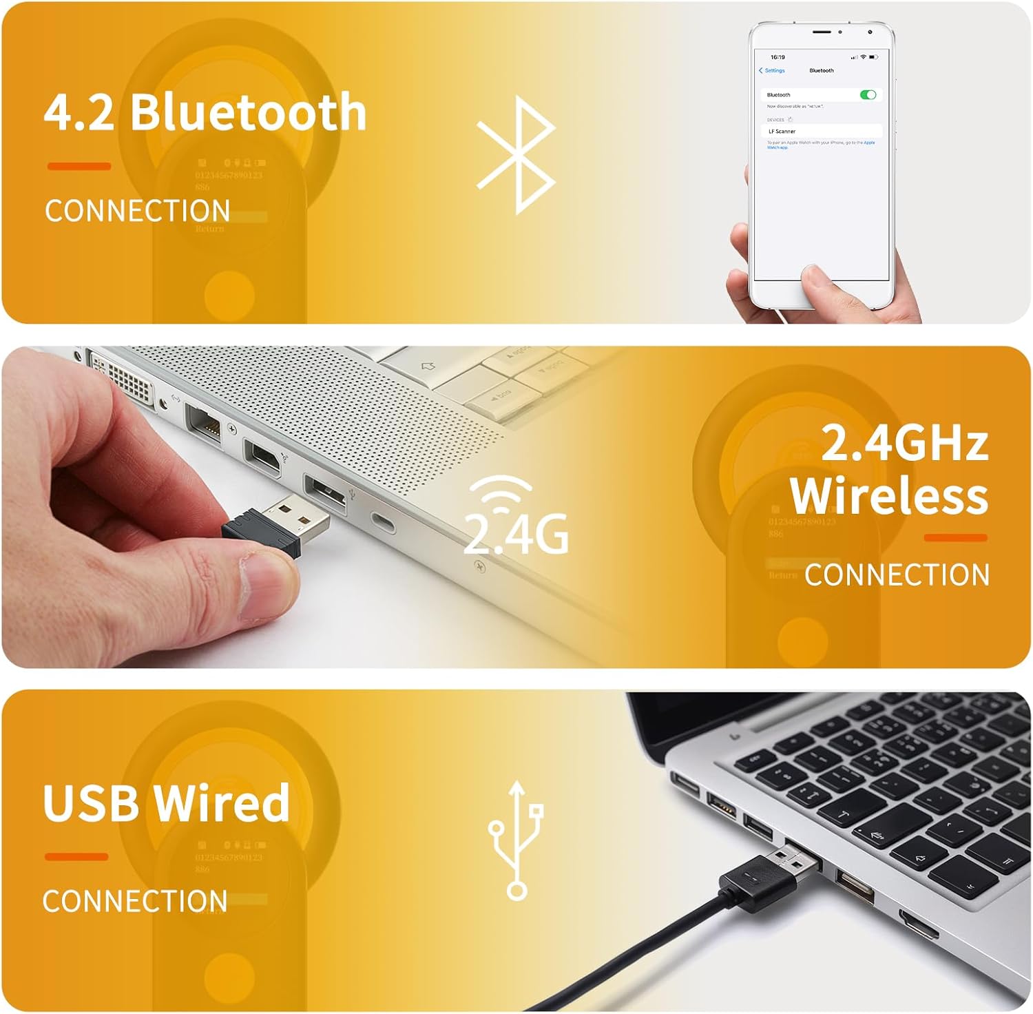 Visual representation of the NETUM DJ-130's three connectivity options: Bluetooth, 2.4GHz wireless via USB dongle, and direct USB wired connection.