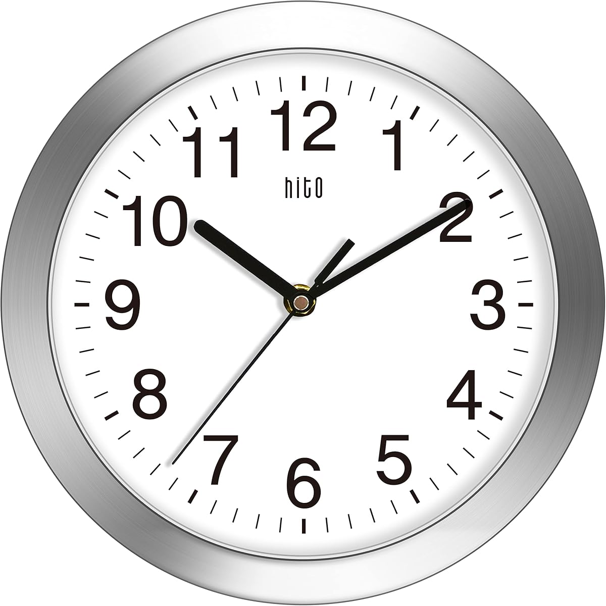 HITO Reloj de pared silencioso de 10 pulgadas, funciona con pilas, cubierta de vidrio que no hace tictac, marco de aluminio plateado, para cocina, dormitorio, oficina en casa, decoración de sala de estar