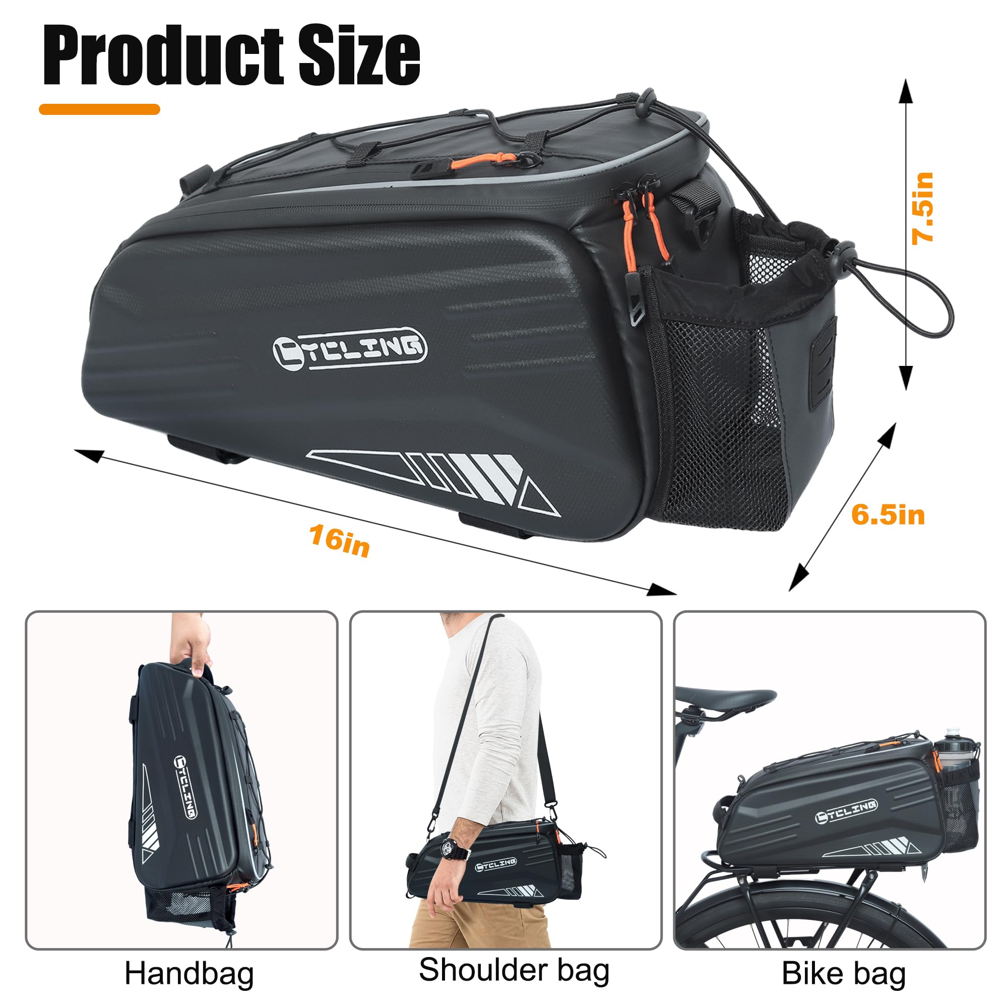 Bike Bags for Bicycle Rear Rack - 10L EVA Hard Shell Waterproof 3-in-1 Ebike Trunk Pannier Bag with Reflective Strip & Shoulder Strap for Commuter Travel Outdoor Cycling Accessories