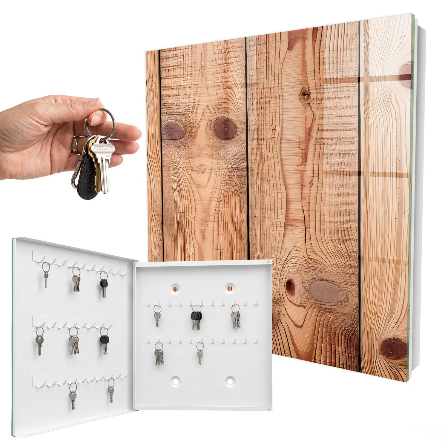 Cassetta portachiavi 30x30 cm Anelli di legno Porta Sinistra Bianco | Appendiabiti | Bacheca | Vetrinetta | Nicchia | Casellario | Armadio | Gancio | Quadro | Mobiletto | Contenitore | Supporto