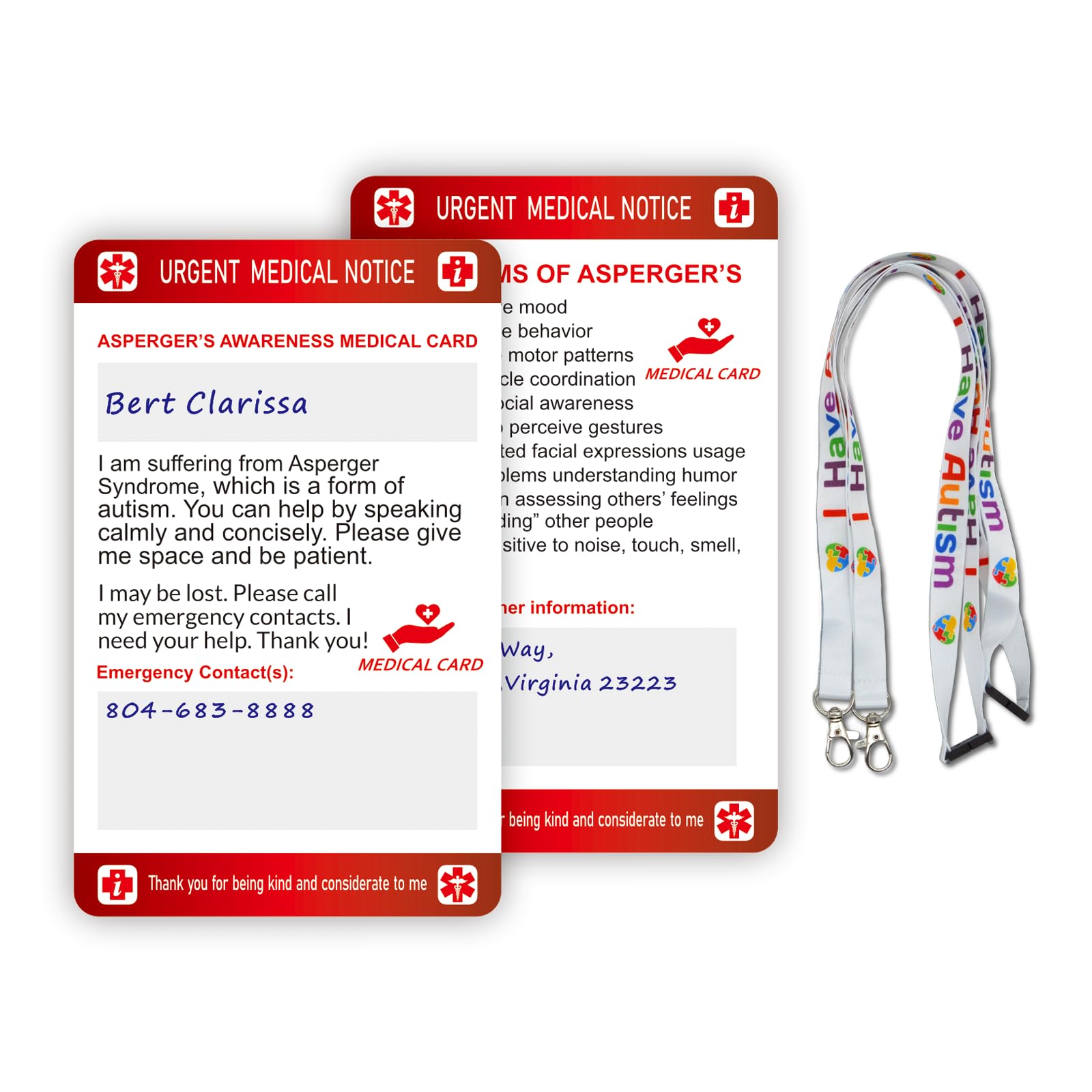 2pcs Asperger's Syndrome Medical Card with Writable Panel and Patterned Lanyard Emergency Contact Card
