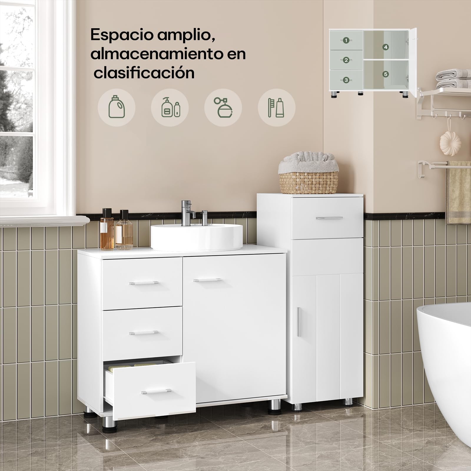 EUGAD Armario de Baño, Mueble Auxiliar Baño con 3 Cajones, Mueble Bajo Lavabo, Estante Ajustable, Blanco, 5 Patas Robustas, 70x60x30 cm