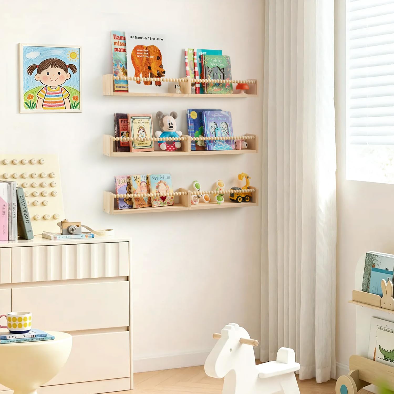 32 Inch Floating Shelf with Wooden Bead Design - Solid Pine Wall Mounted Bookshelf, Child-Safe Nursery Storage for Kids Room Decor, Set of 3