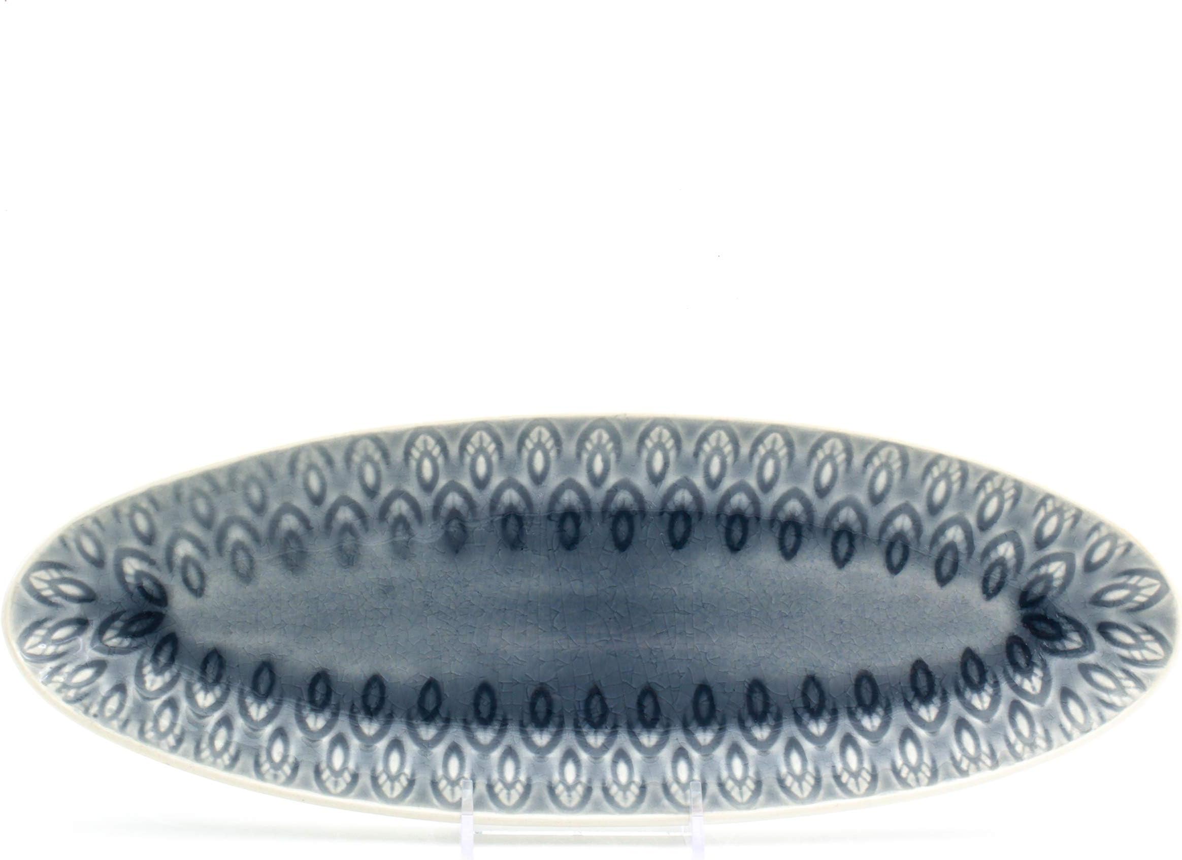 Euro Ceramica Peacock Collection Crackleglaze Serveware Trays/Platters, 13" Oval Appetizer, Feather Geometric Pattern