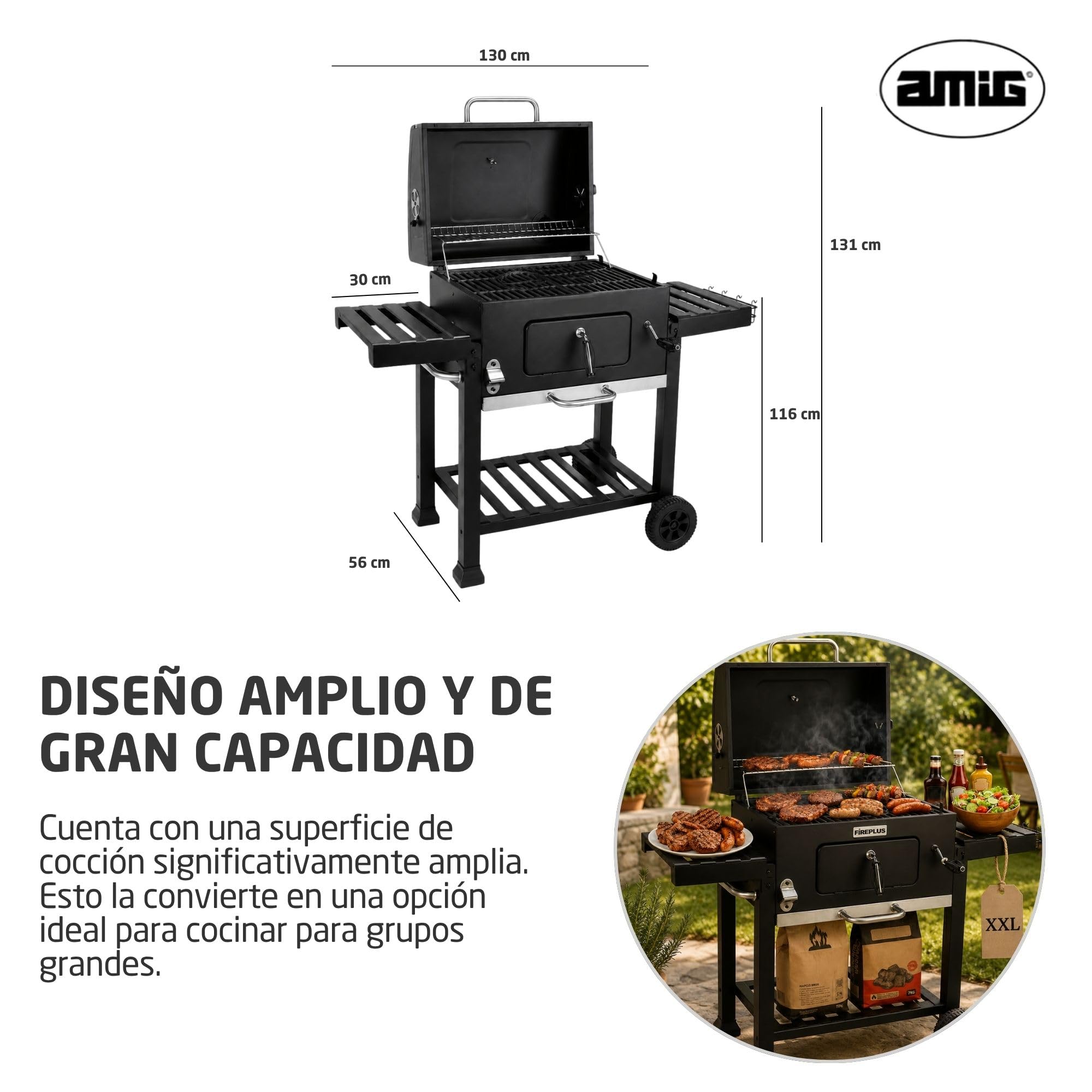 Amig - Barbacoa Fireplus de Carbón XXL - Parrilla de Acero 57x42cm - Con Ruedas y Bandejas Laterales - Asador Transportable Grande - Depósito para Ceniza - 131x116,5x56cm