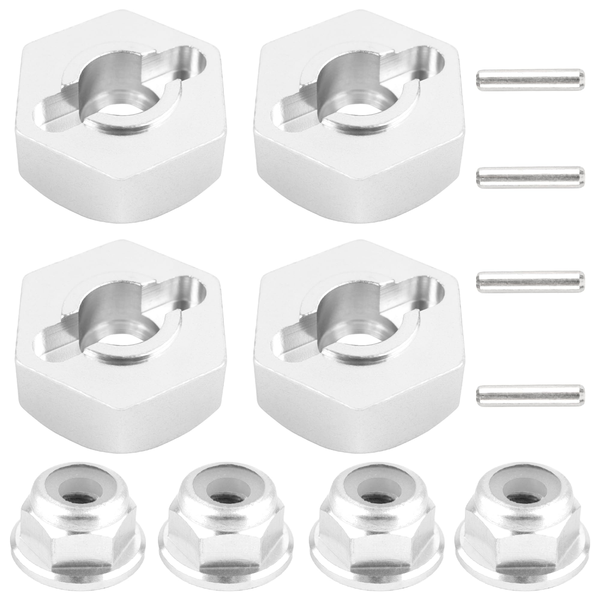 12mm Wheel Hex Hubs Drive Adapter 5mm Thick & Flange M4 Lock Nuts Aluminum for Redcat Axial HSP WLtoys Himoto RC Truck Model Car Upgrade Parts (Silver)