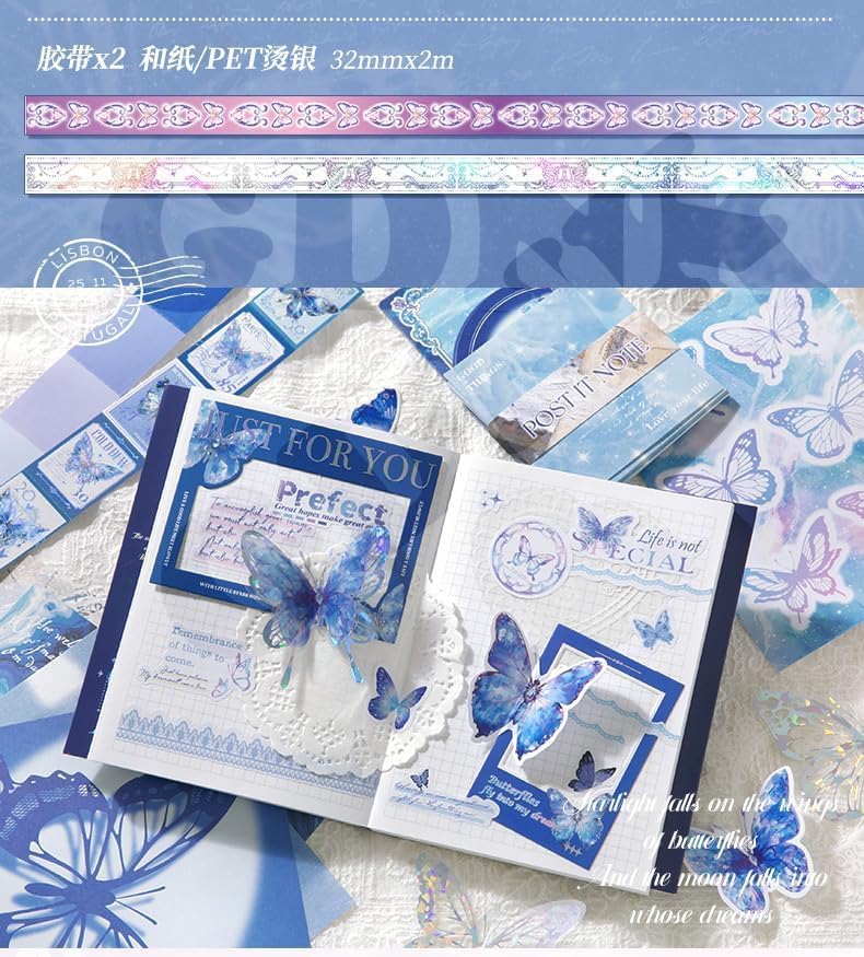 Image of GDNK Scrape Book Kit Scrapbooking Kit Vintage Journal Scrapbook Pack DIY Paper Stickers, Craft Kits Notebook, Collage Album Aesthetic Sticker Journaling Scrapbook Photo Album (Blue Butterfly)