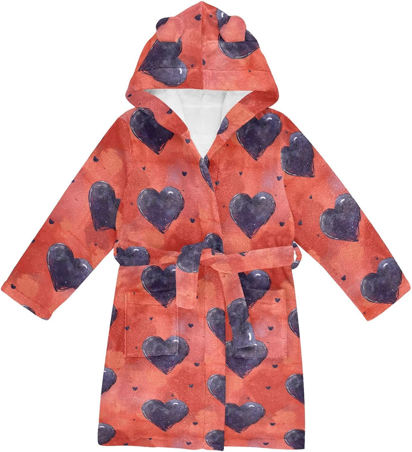 senya Tile Hearts Black Toddler Hooded Bathrobe Kids Soft Plush Bath Towel Robes for Boys Girls 2-12 Years