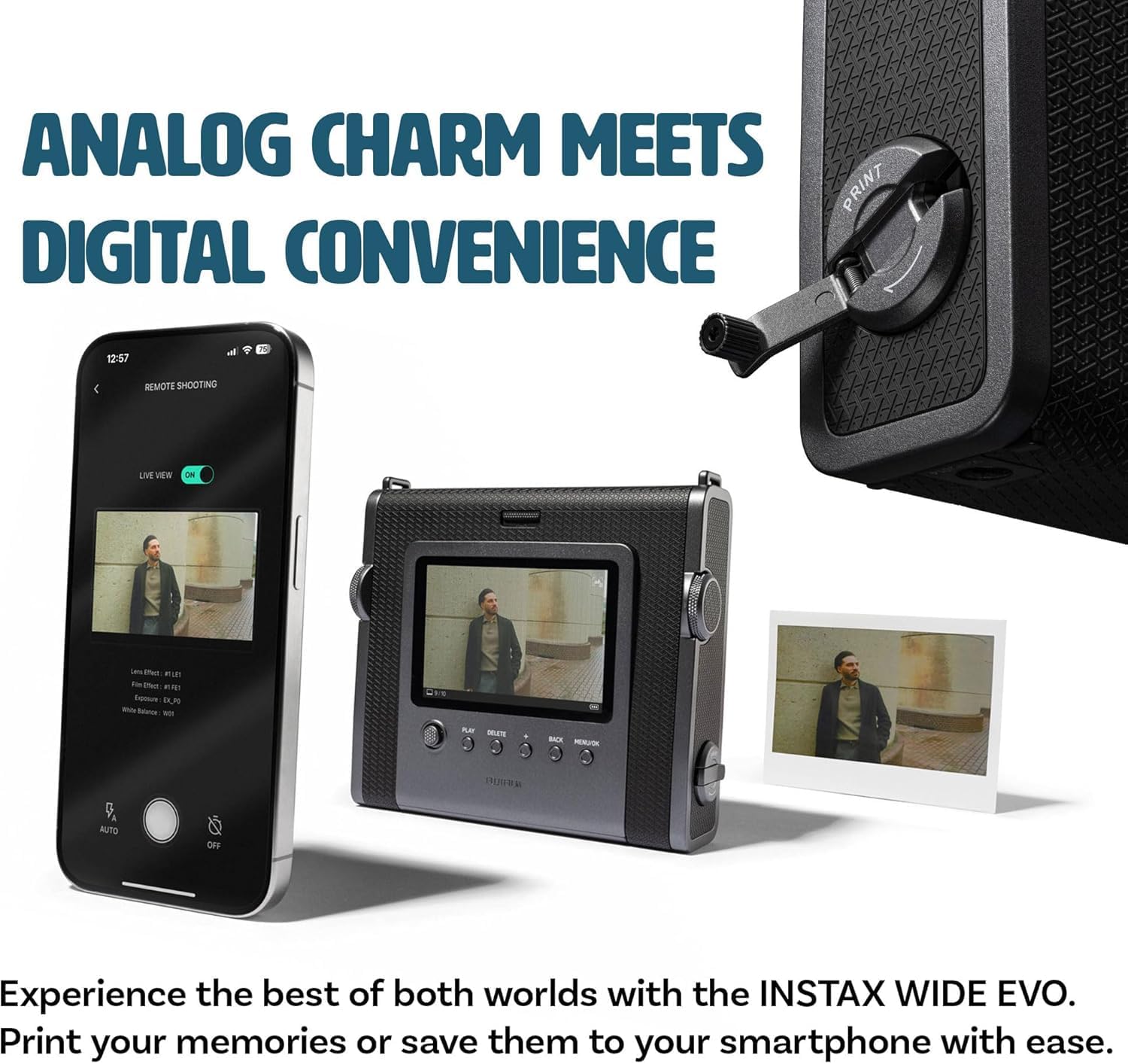 Fujifilm Instax Wide Evo Hybrid Instant Film Camera with 5 Packs Fujifilm Instax Wide Instant Film Twin Pack + 16GB Memory Card + Card Reader + Octo Tripod + Sunshine Photo Microfiber Cleaning Cloth