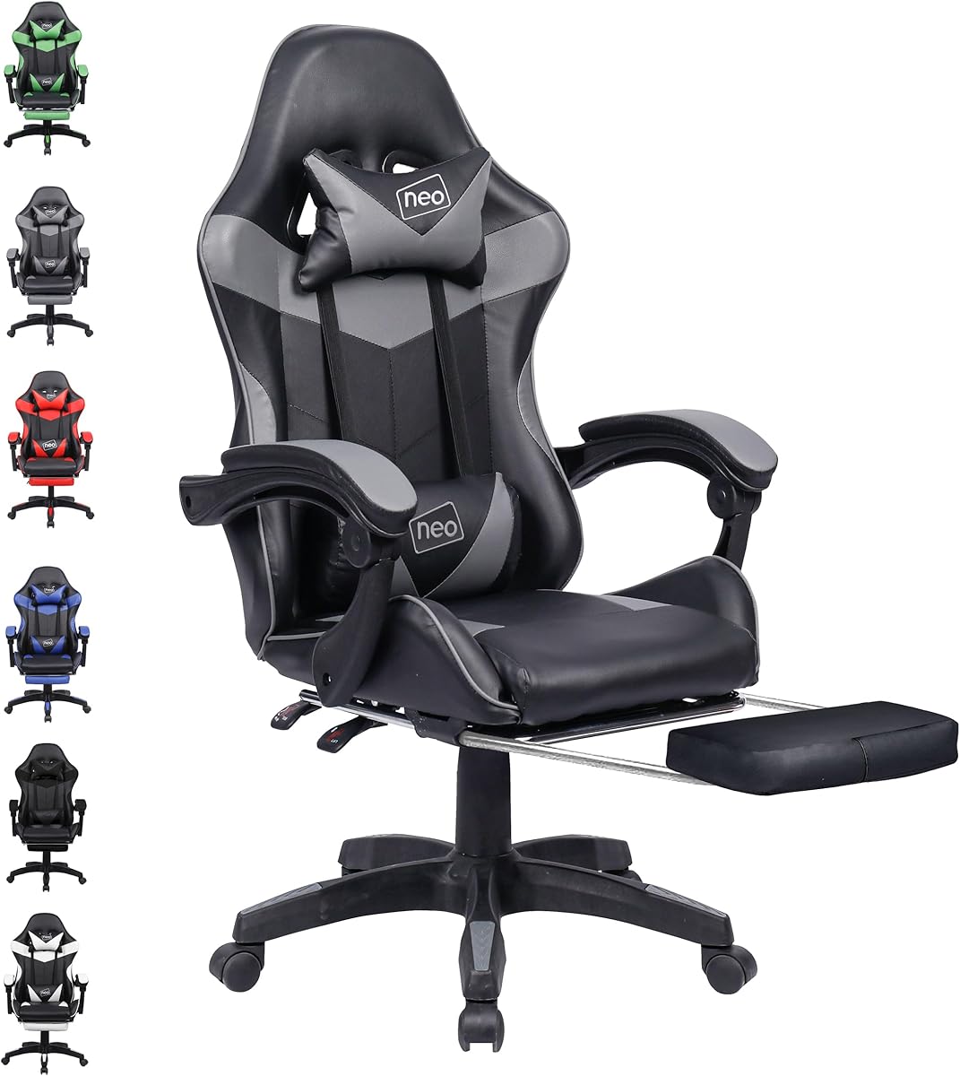 Neo Executive PU Leather Massage Sport Racing Gaming Home Office Computer Chair Lumbar Back Support Footrest (Grey)