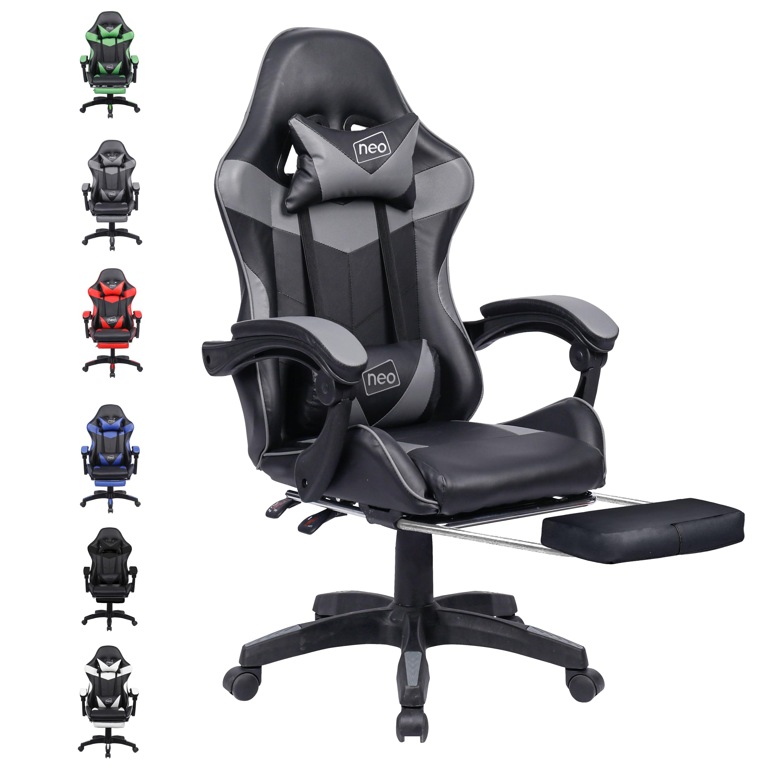 Neo Executive PU Leather Massage Sport Racing Gaming Home Office Computer Chair Lumbar Back Support Footrest (Grey)