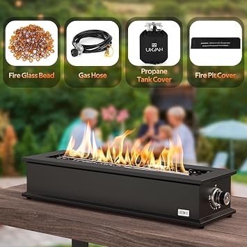 Onlyfire Loom X Gas Fire Pit Table, 28 Rectangular Tabletop Fireplace | with Stainless Steel Burner and Decorative Fire Glass Beads (Side Connected)