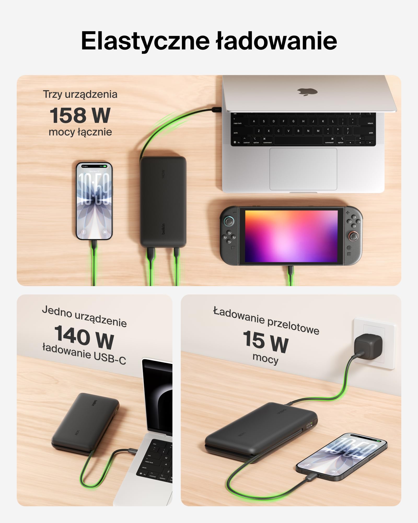 Belkin UltraCharge Pro Powerbank 25 000 mAh do Laptopów – Czarny | Powerbank 25 000 mAh, 1 Port USB-C, 1 Port USB-A i Kabel USB-C, 158 W Power Delivery, Wstępnie Naładowany, Wyświetlacz