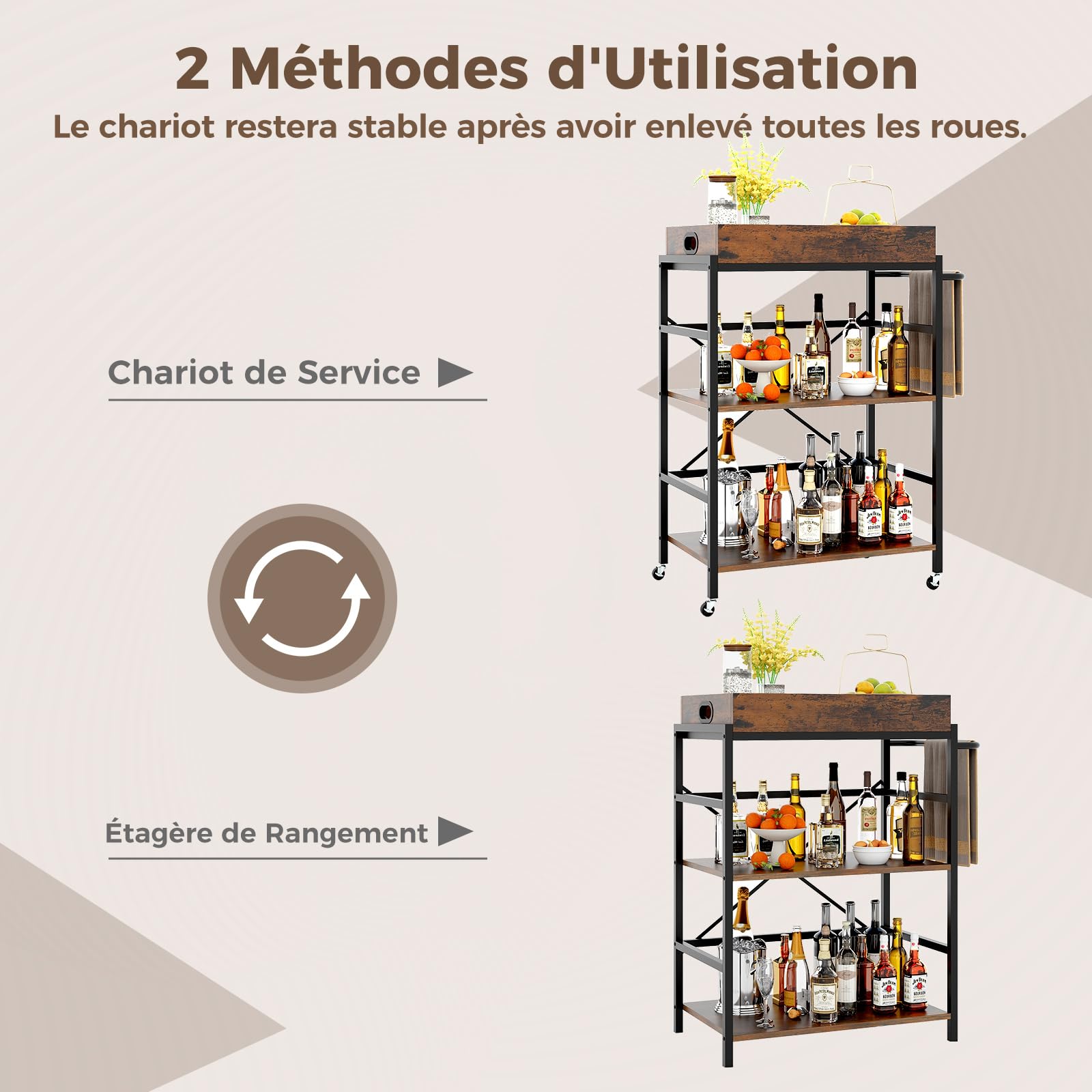 COSTWAY Chariot de Bar à 3 Niveaux, Chariot de Service Industriel, Dessertes Plateau Amovible, roulettes Verrouillables, Poignée Pratique, Garde-Corps de Protection, pour Salle à Manger, Restaurant