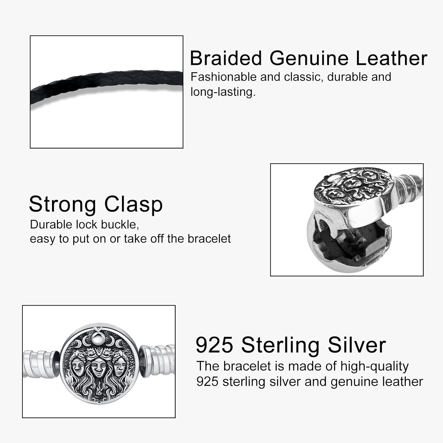 Hecate Leather Charm Bracelets for Men Women 925 Sterling Silver Triple Godess Hekate Bead Black Handmade Braided Wristband Leather Pagan Magic Witchcraft Protection Bracelet Jewelry