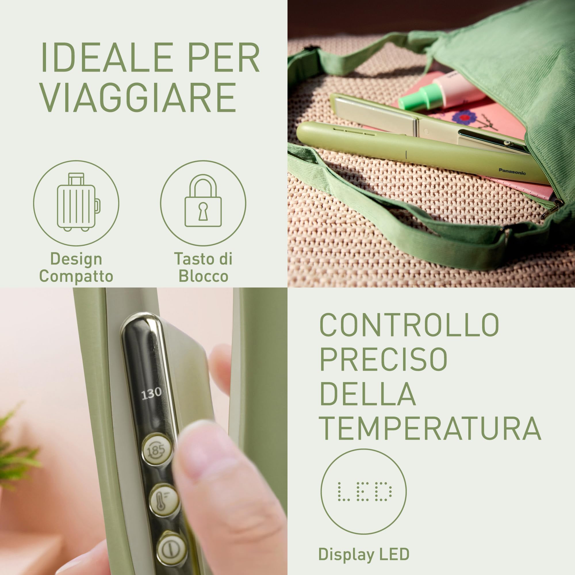 Panasonic EH-HV31-G503 Styler Ionico 2-in-1, Piastra e Arricciacapelli, 5 Temperature fino a 210°C, Piastre 3D, Blocco Viaggio, Tensione Automatica, Verde Matcha